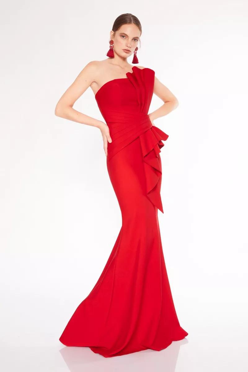 Red crepe strapless maxi dress