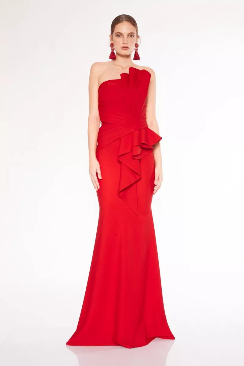 Red crepe strapless maxi dress