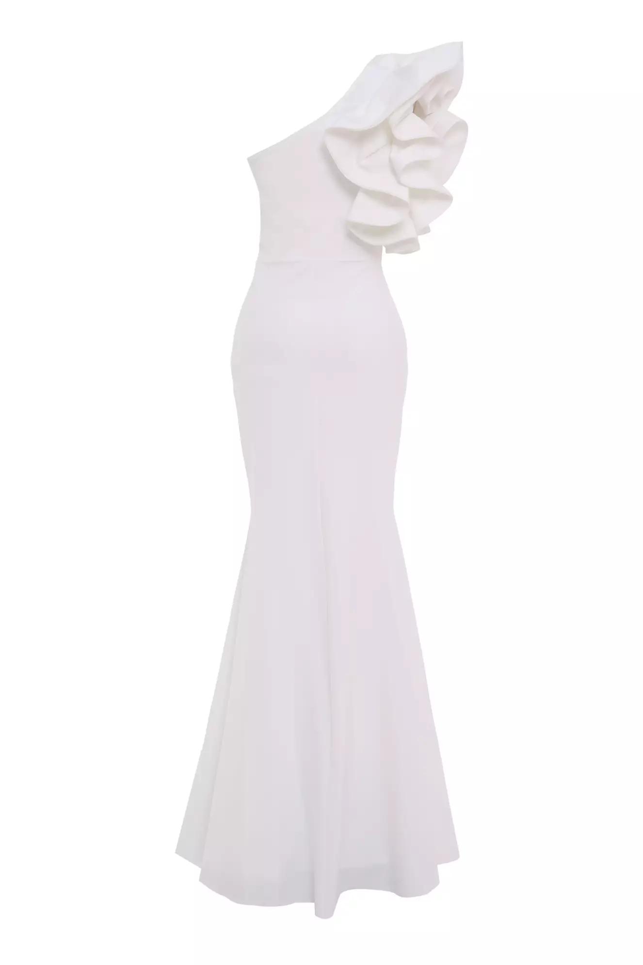 White crepe one arm maxi dress