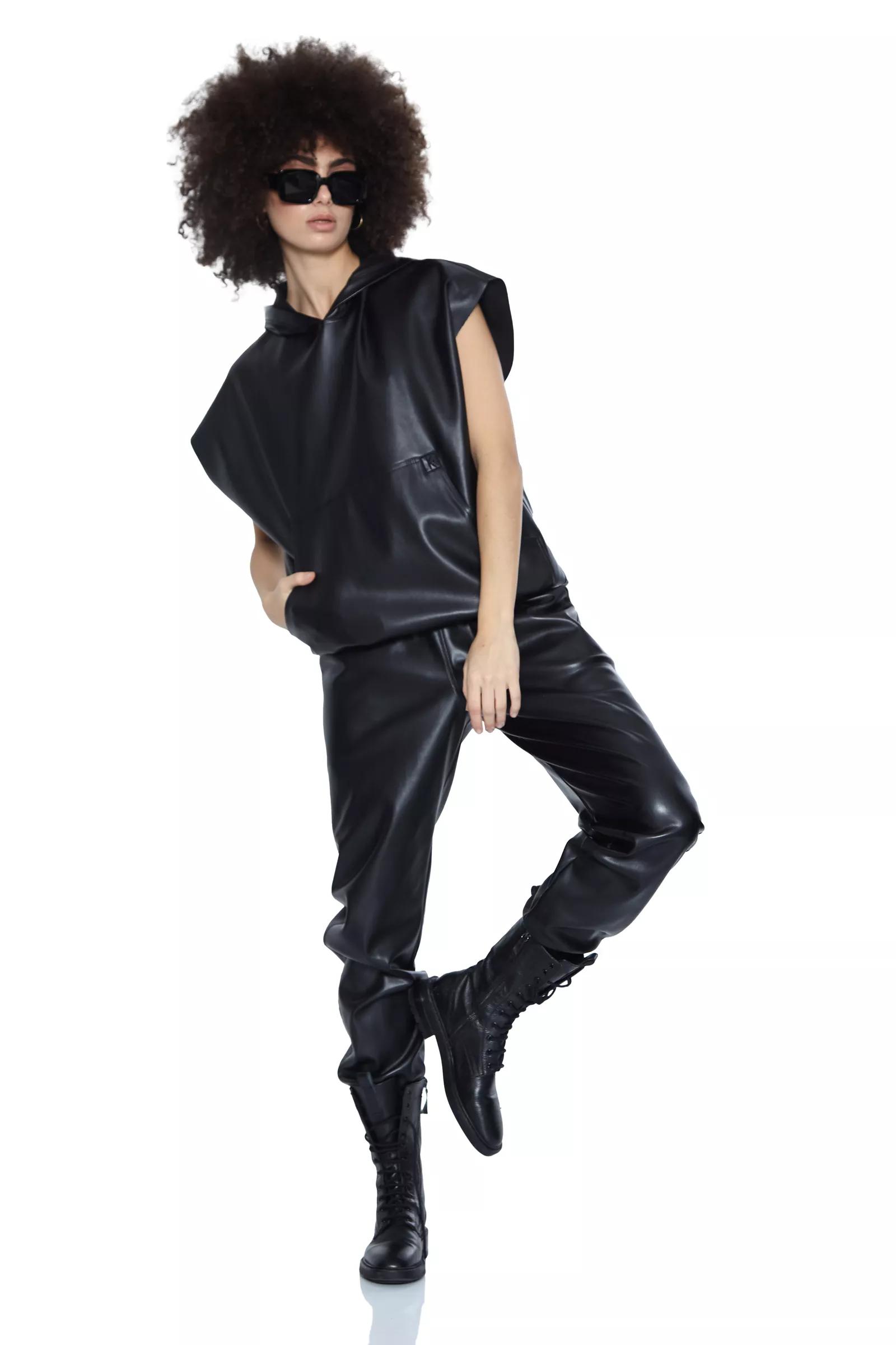 Black leather sleeveless sweatshirt