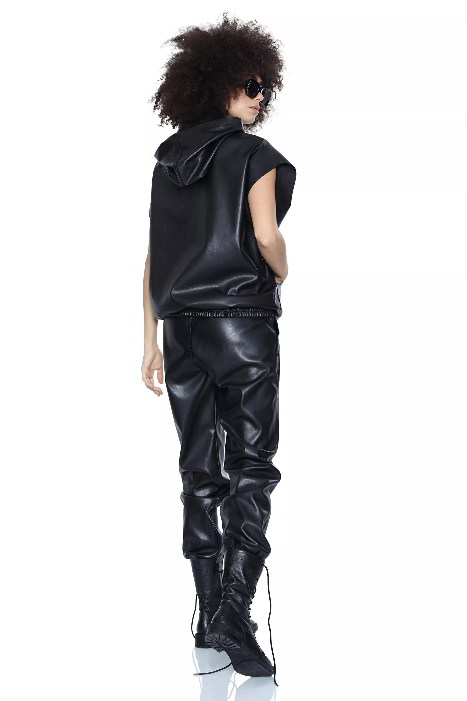 Black leather sleeveless sweatshirt