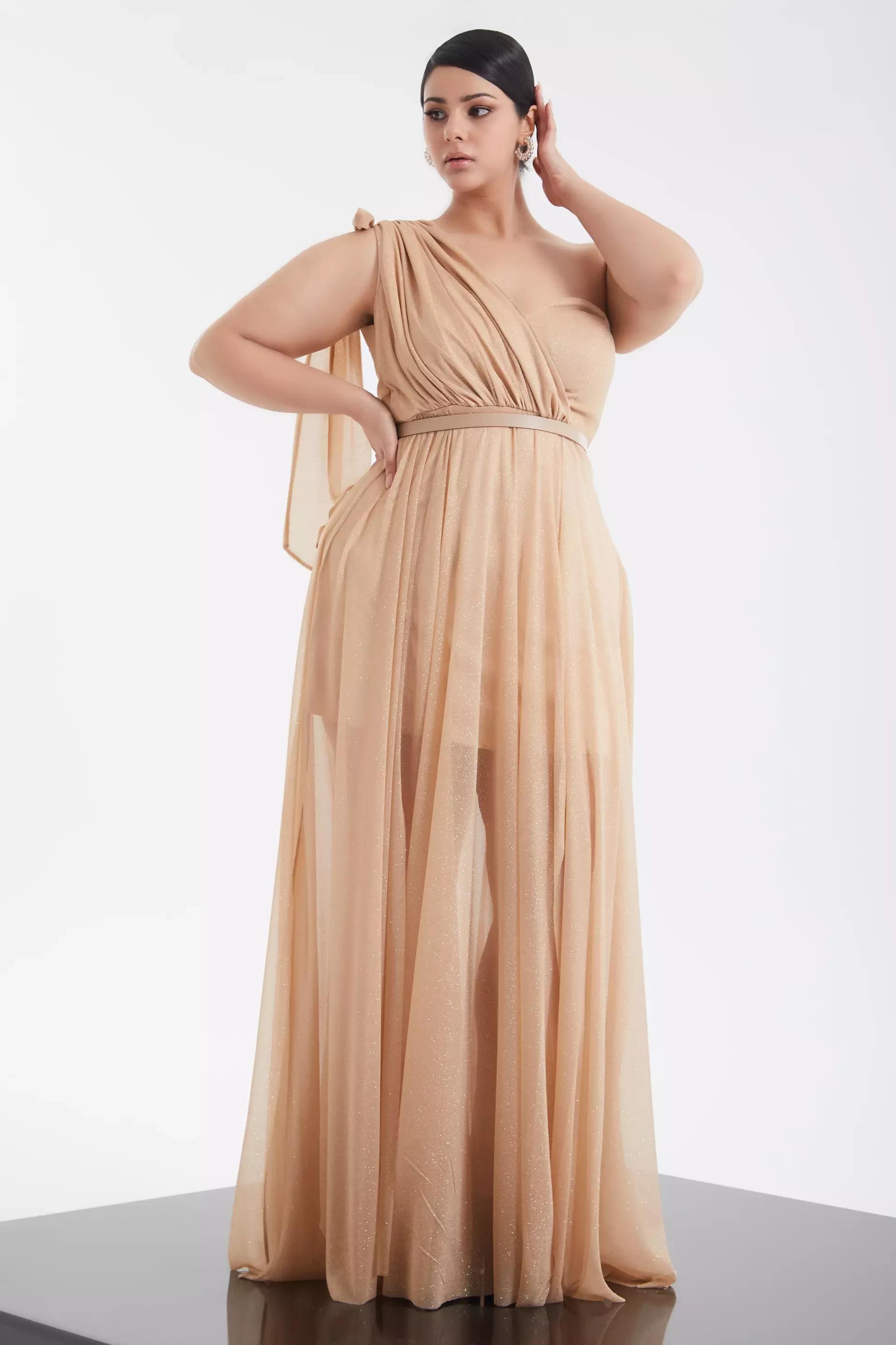 Gold plus size tulle one arm maxi dress