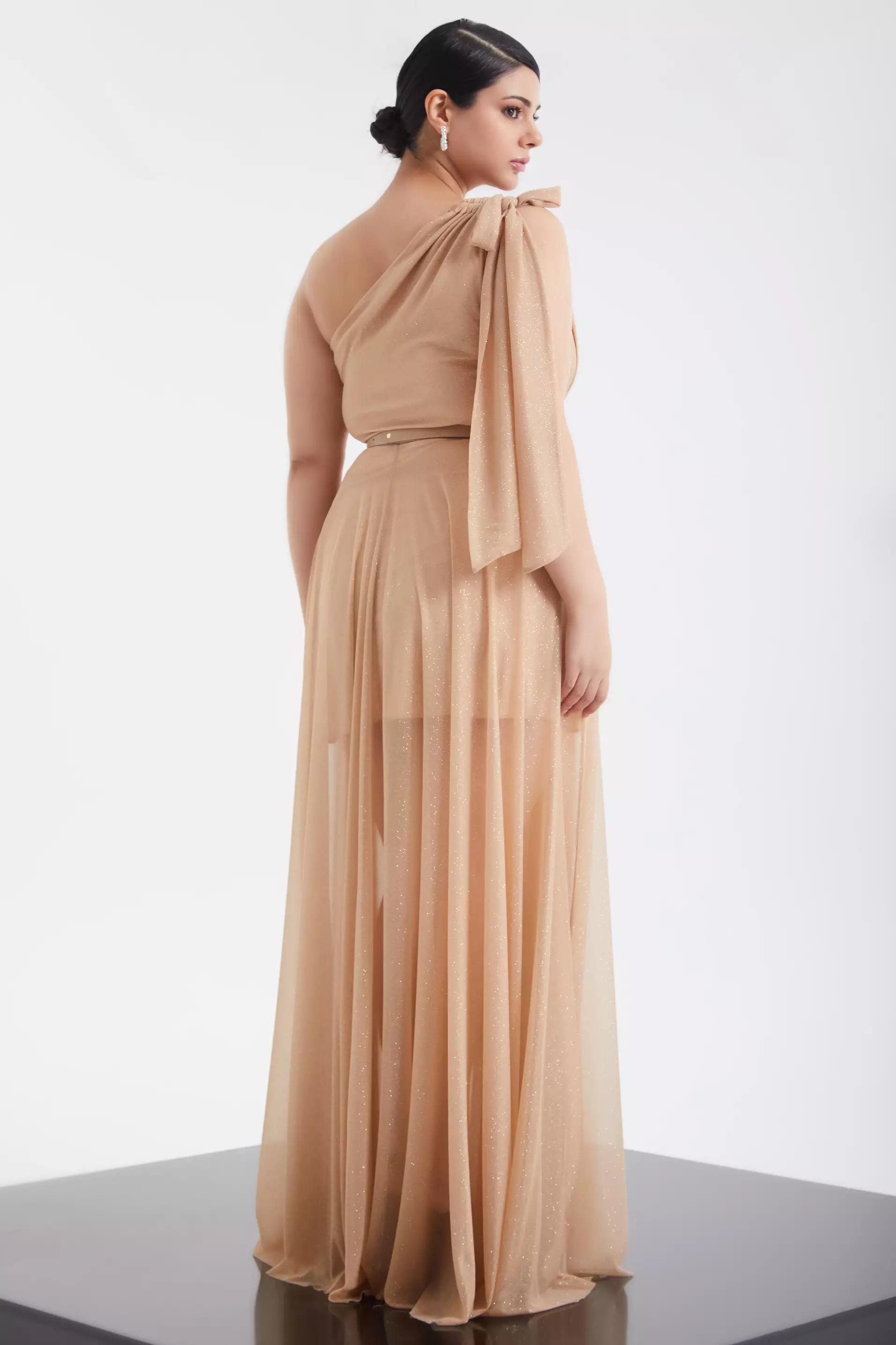 Gold plus size tulle one arm maxi dress