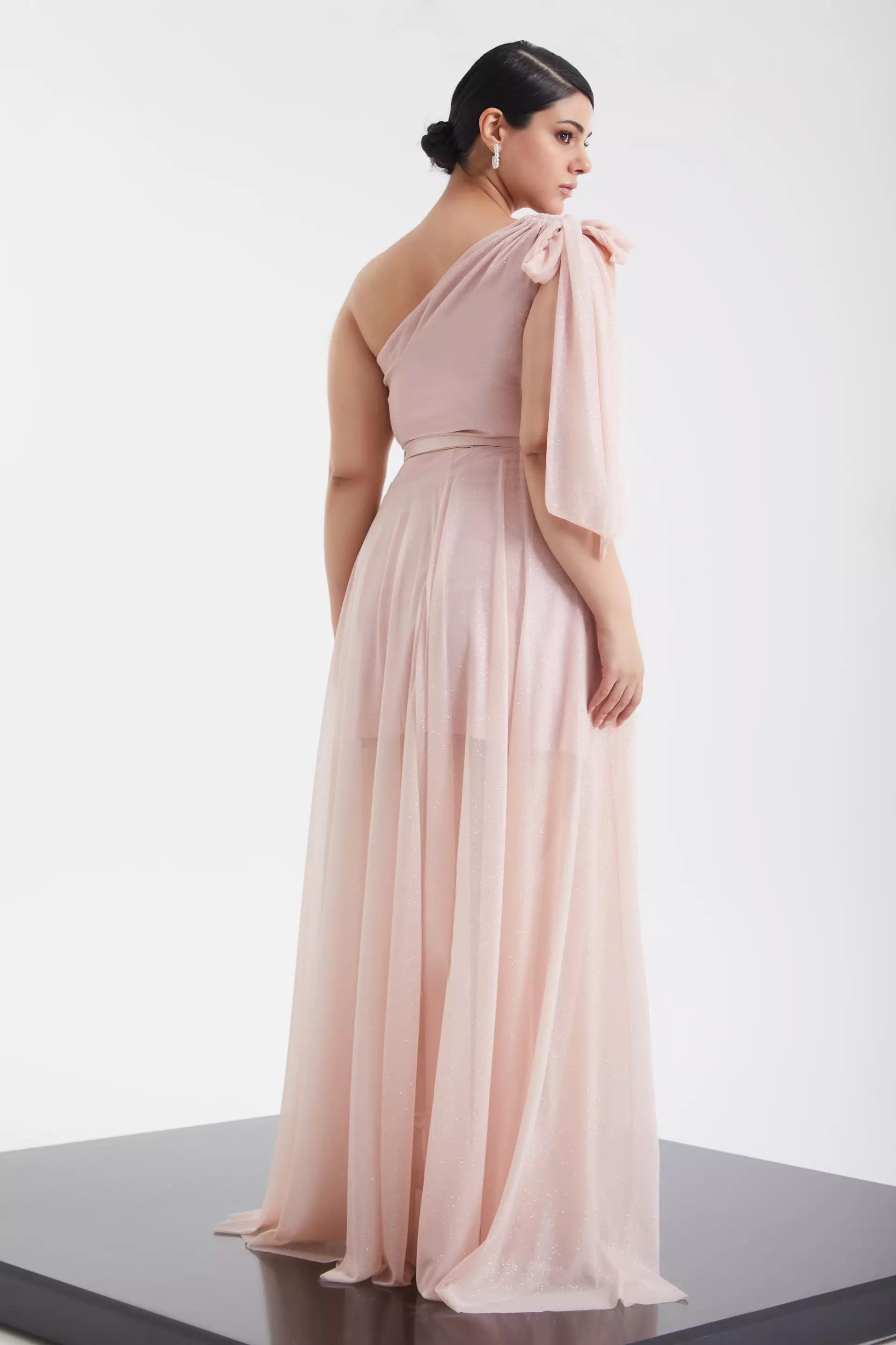 Blush plus size tulle one arm maxi dress