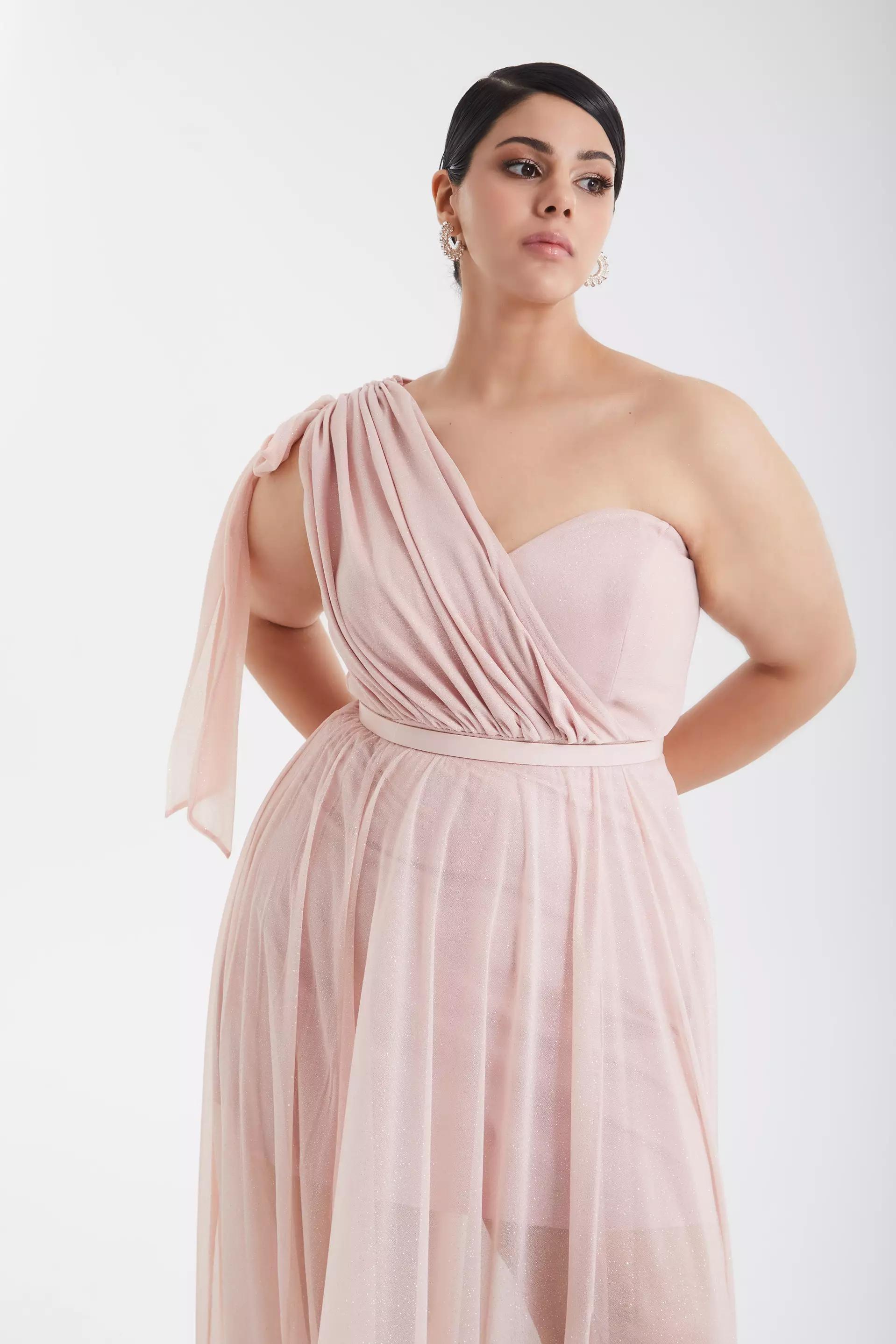 Blush plus size tulle one arm maxi dress