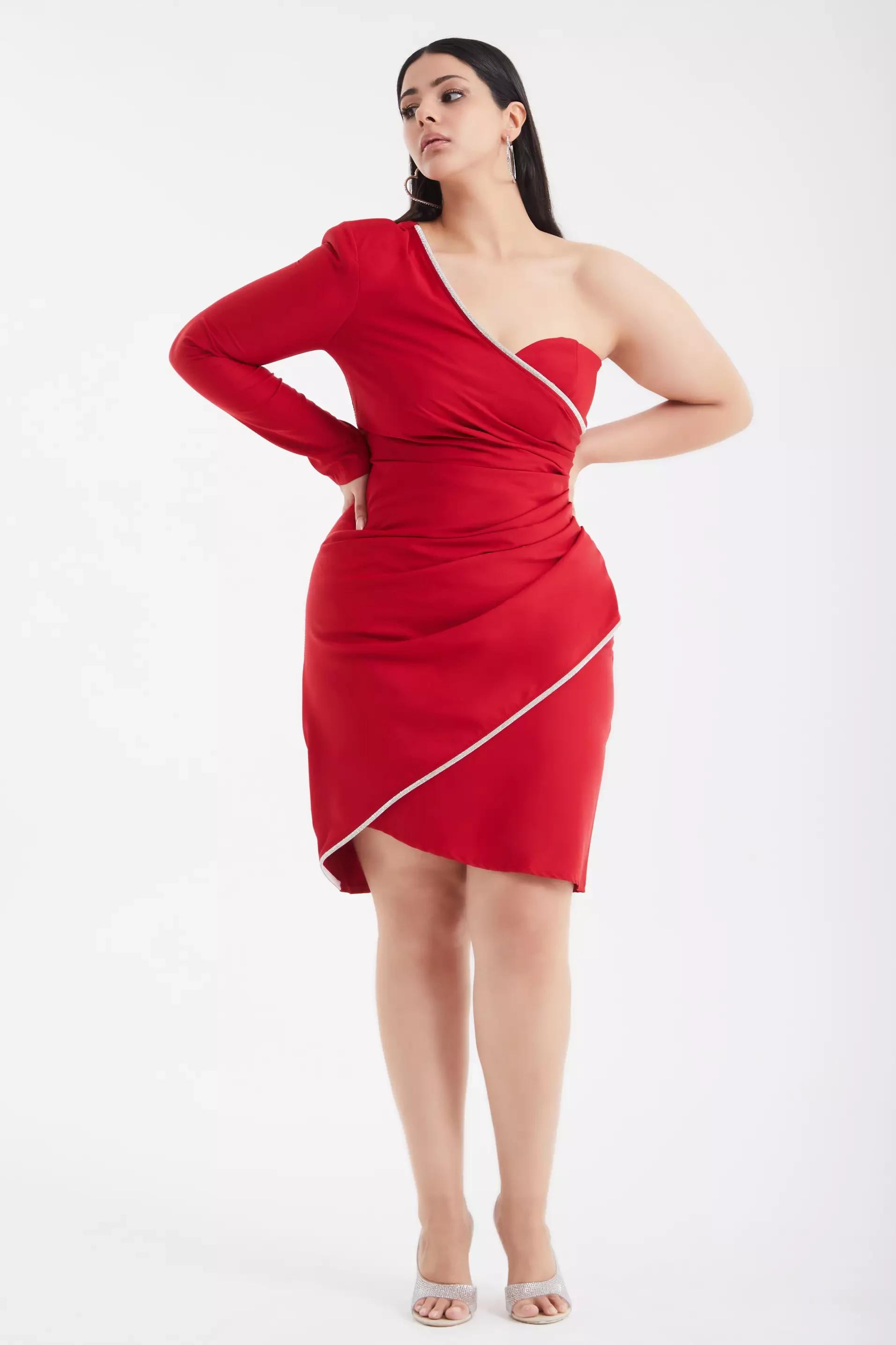 Red plus size crepe one arm mini dress