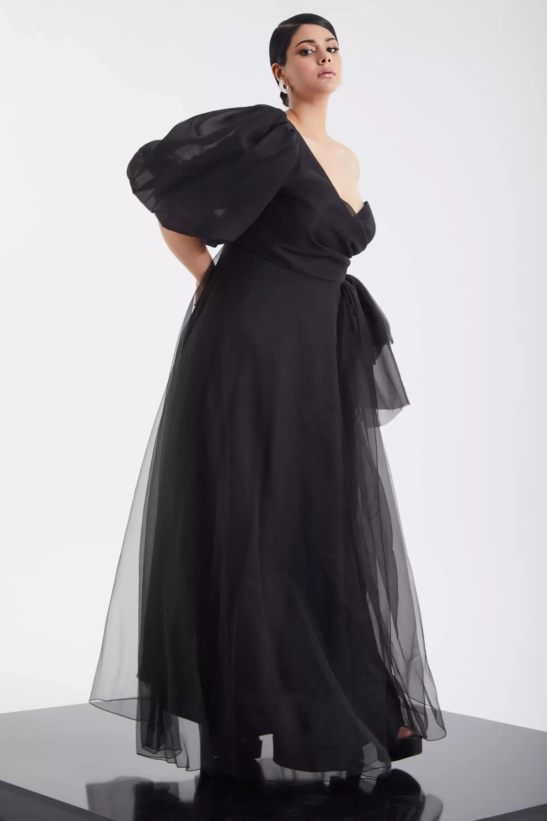 Black plus size tulle one arm maxi dress