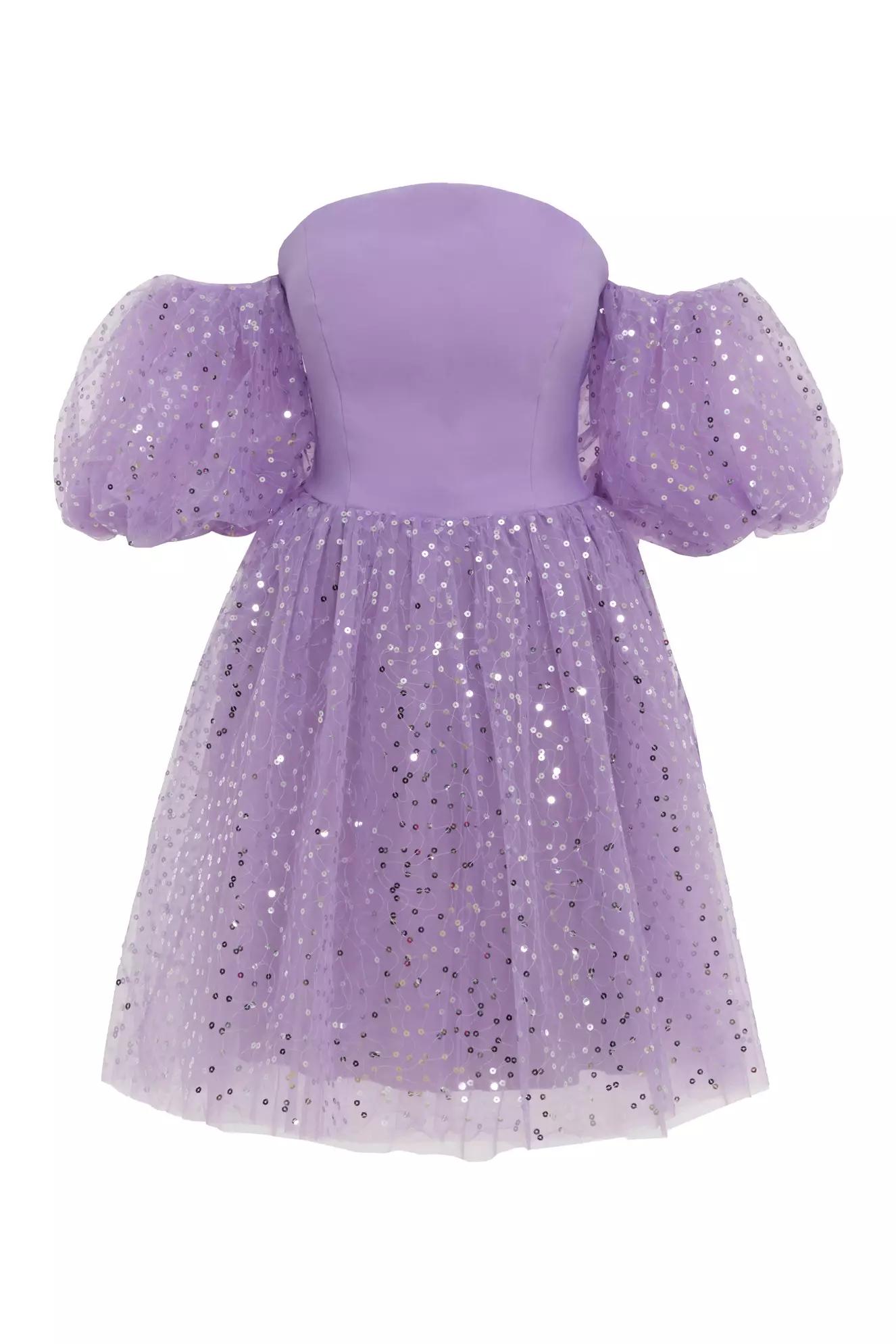 Lilac pul payetli krep short sleeve mini dress
