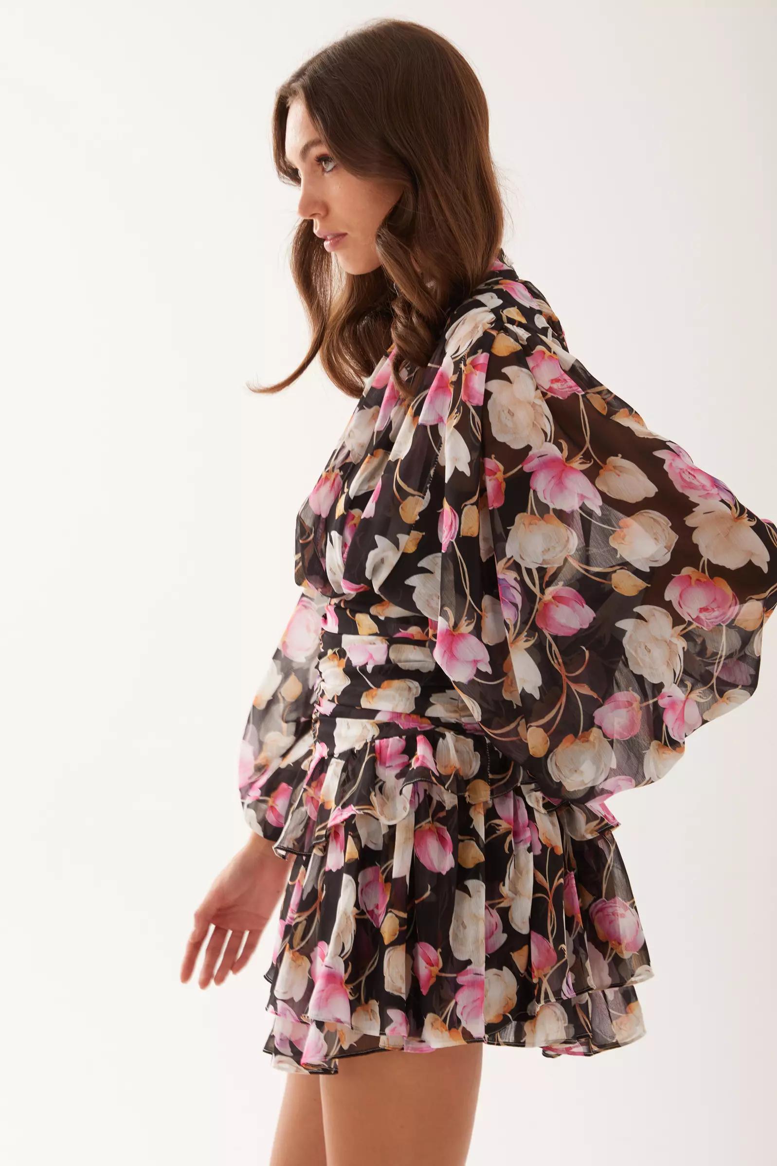 Printed sifon long sleeve midi dress