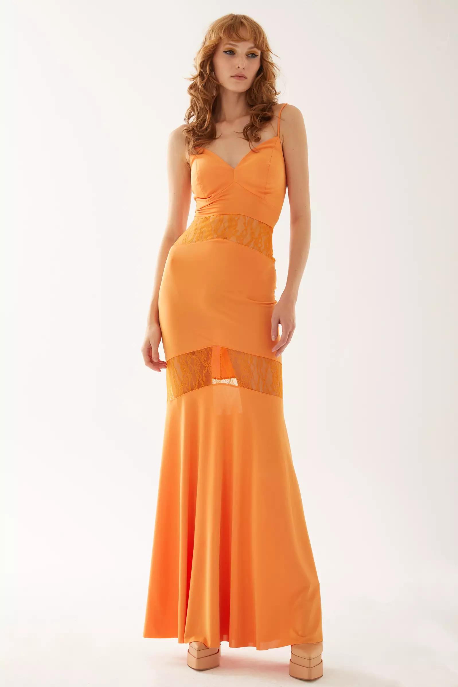 Orange satin sleeveless long dress