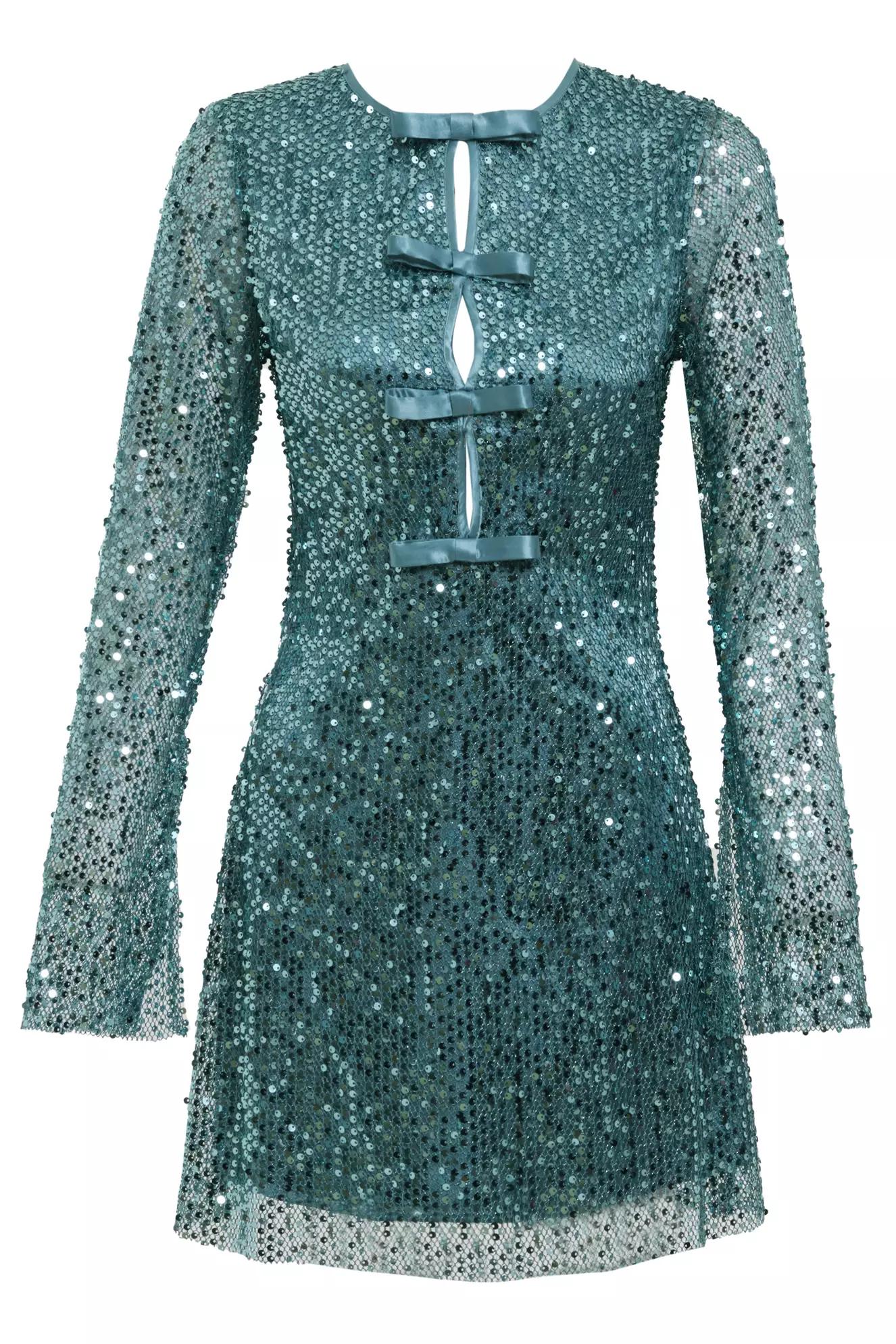 Water green sequin long sleeve mini dress