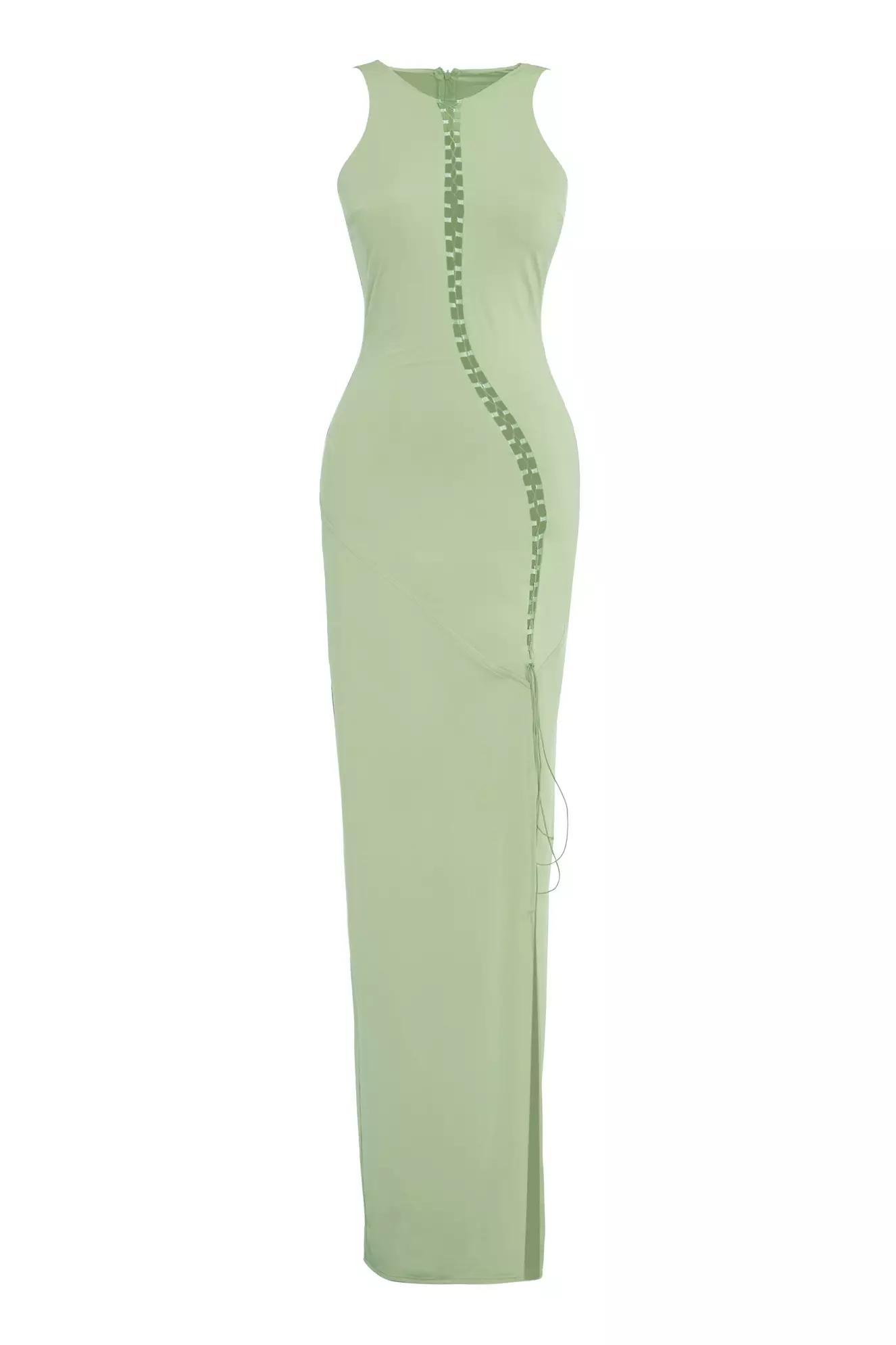 Green satin sleeveless long dress