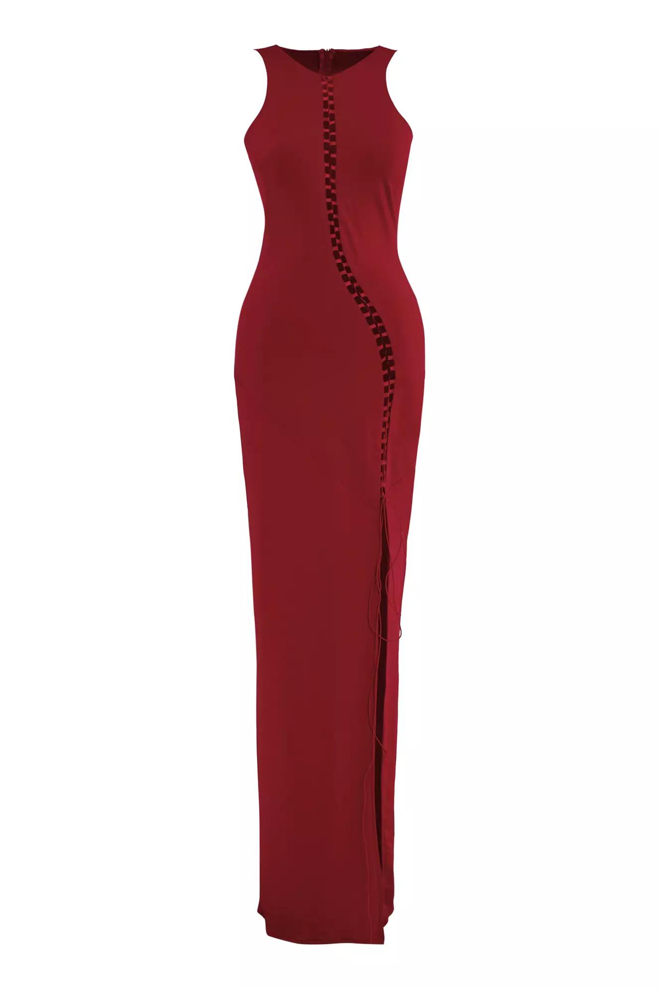 Maroon satin sleeveless long dress