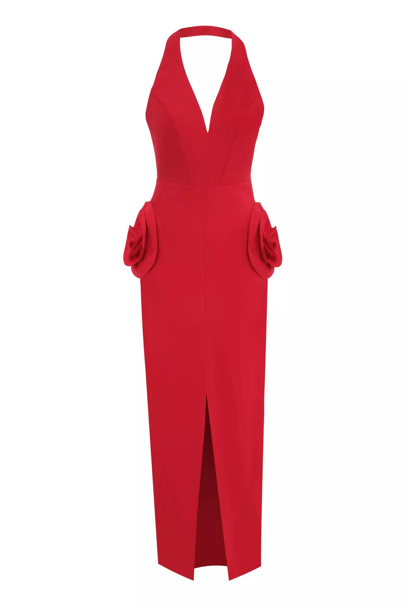 Red crepe sleeveless long dress