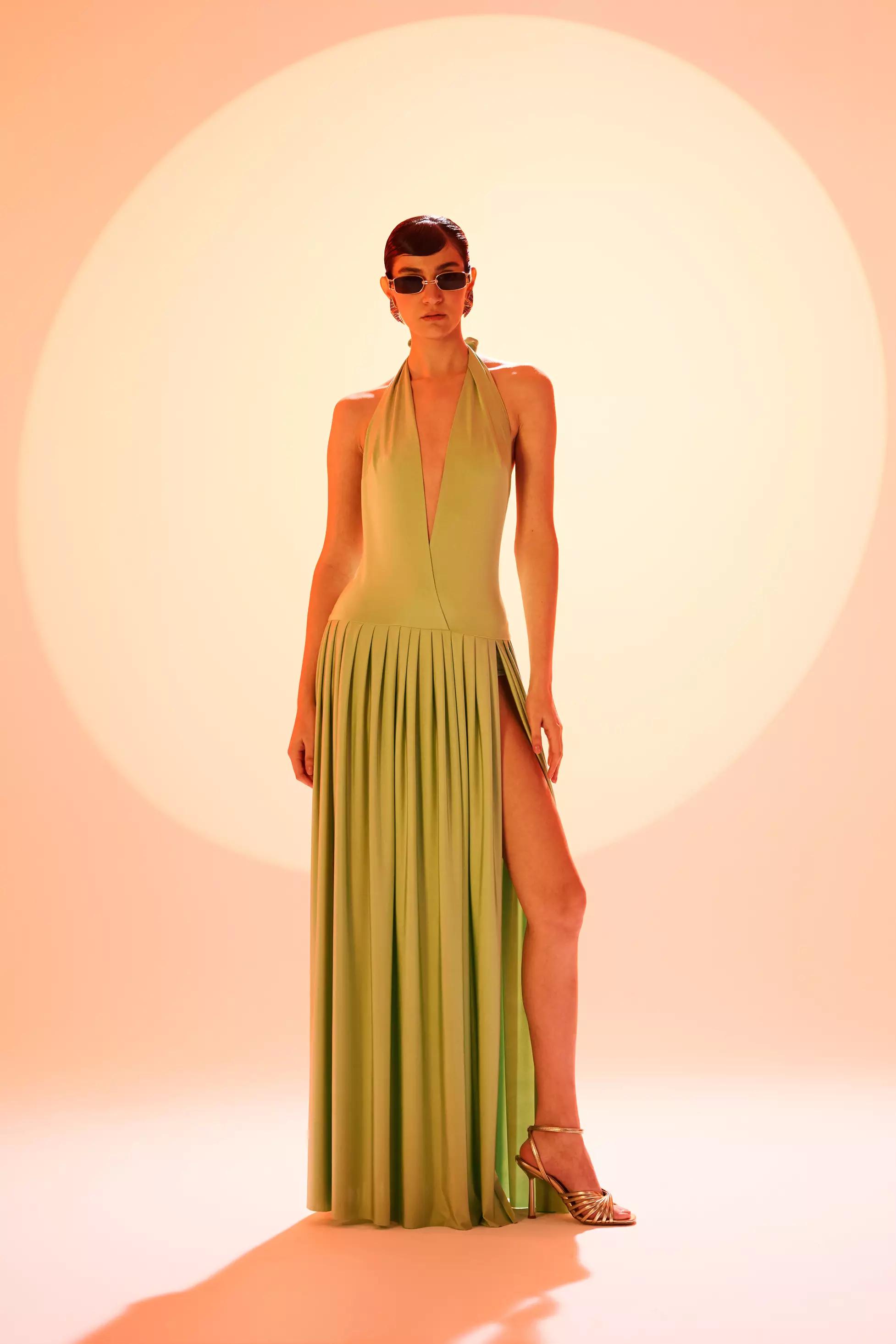 Green knitted sleeveless long dress