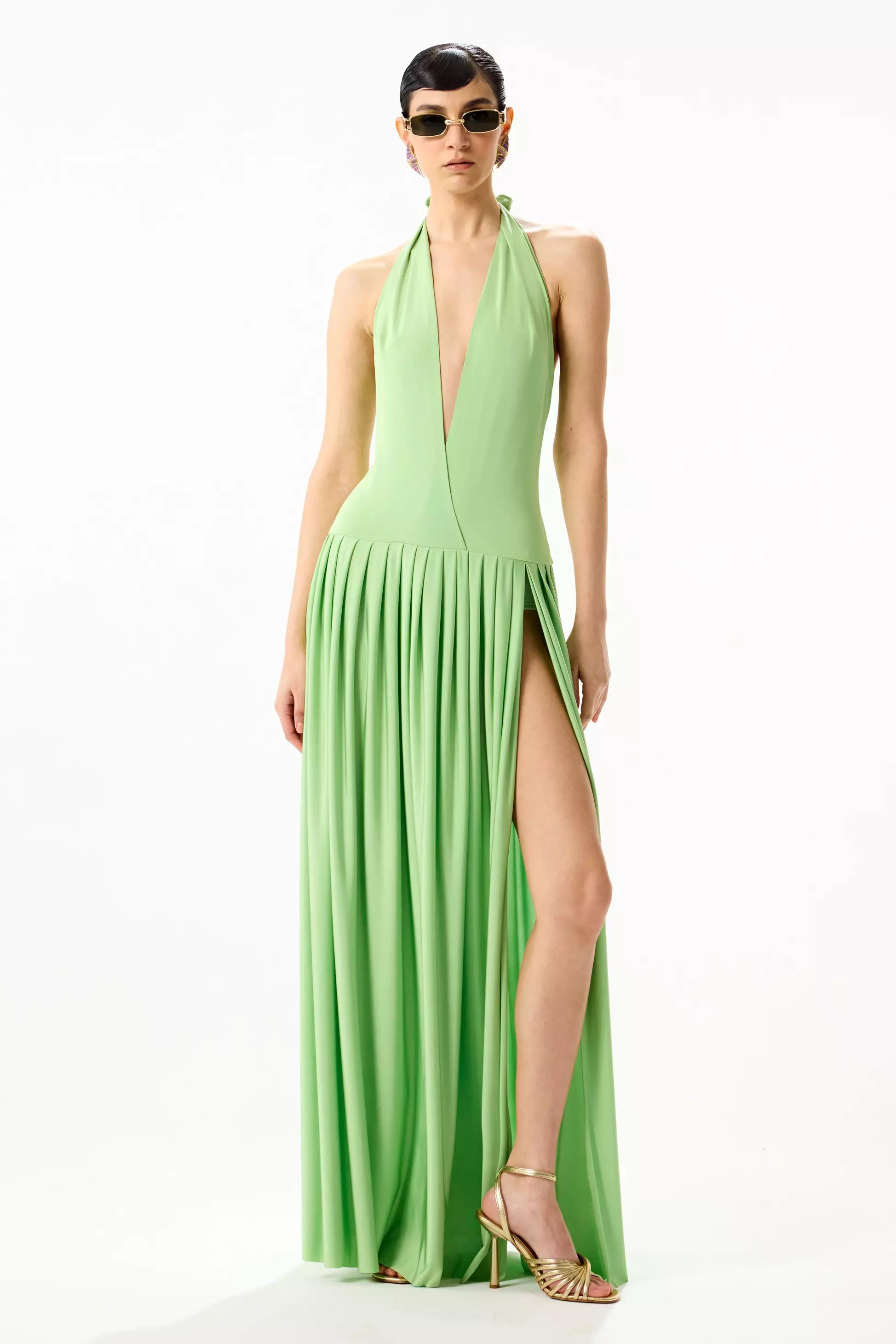 Green knitted sleeveless long dress