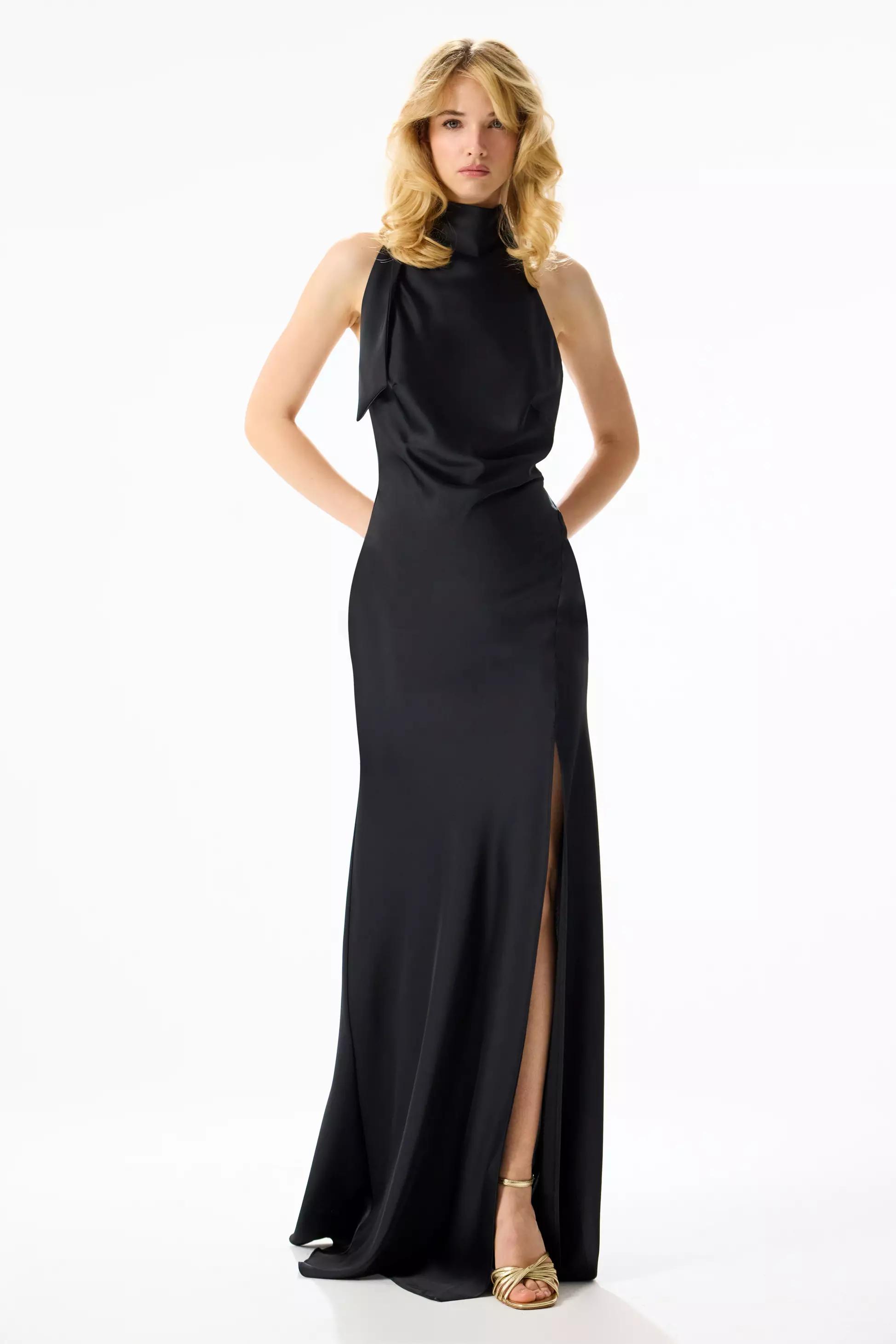 Black satin sleeveless long dress