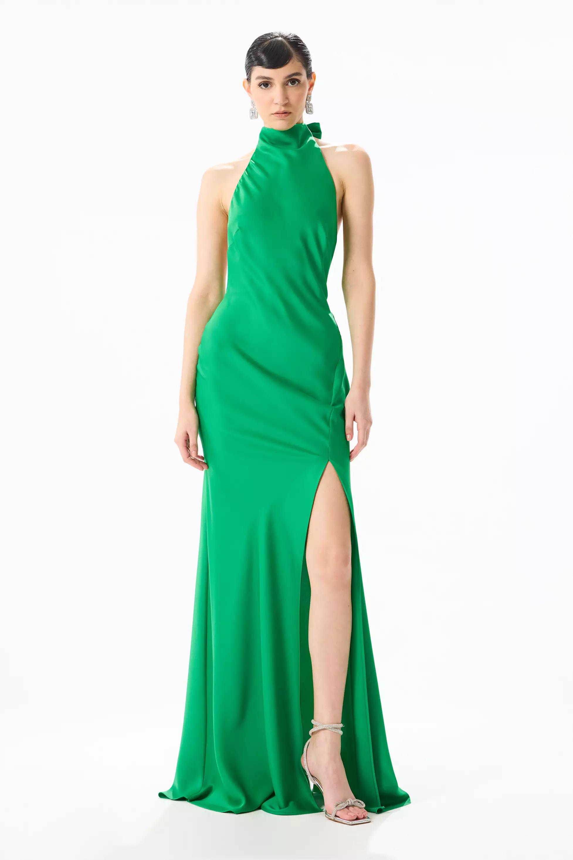 Green satin sleeveless long dress