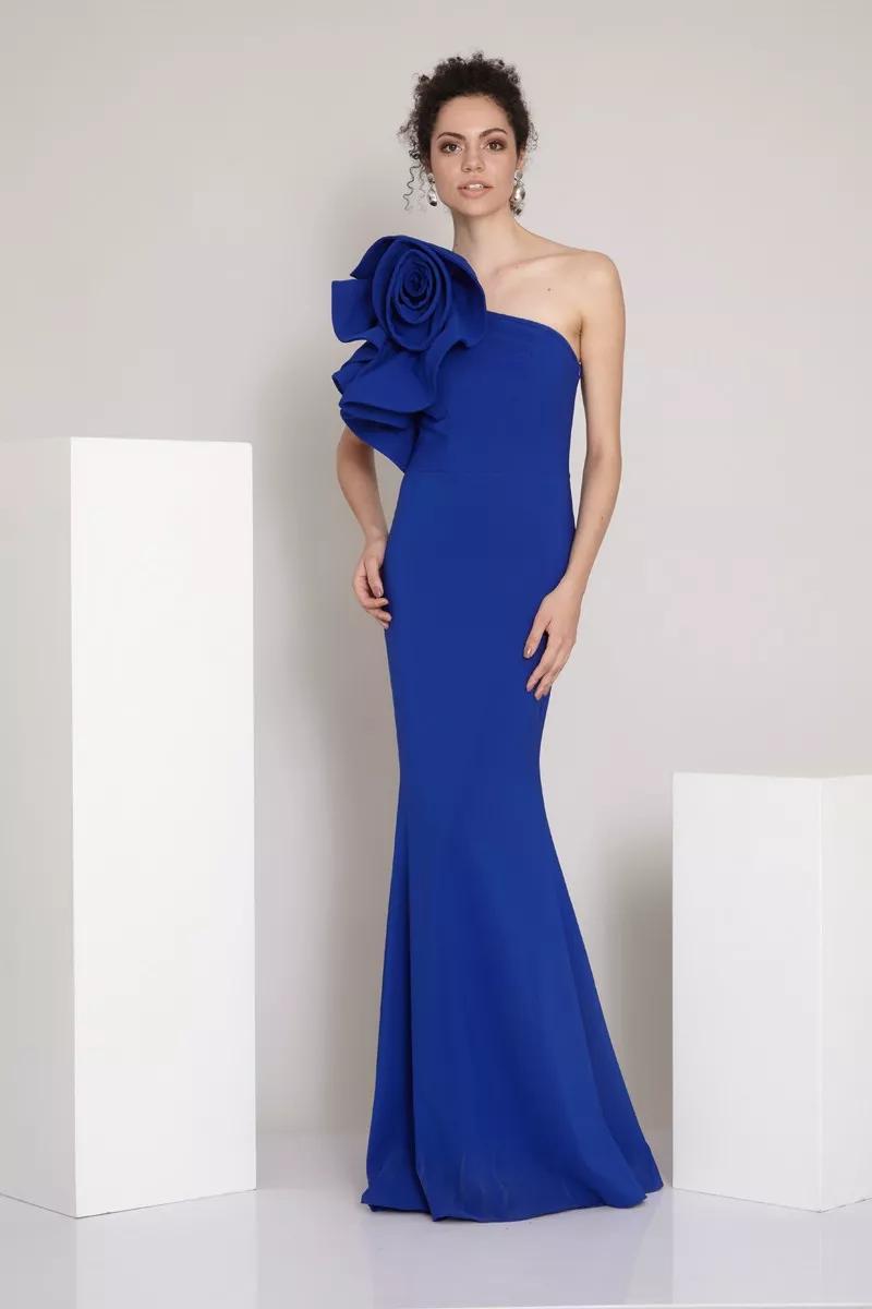 Blue crepe one arm maxi dress