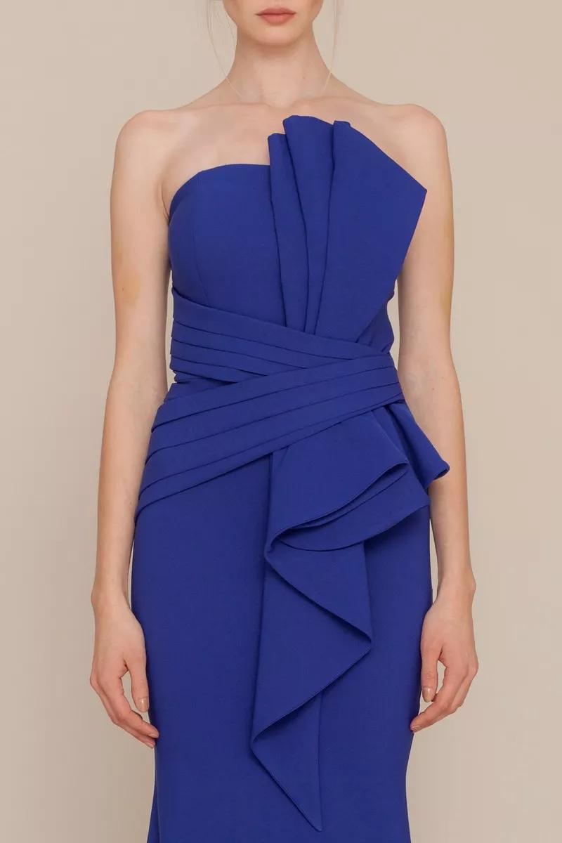 Blue crepe strapless maxi dress