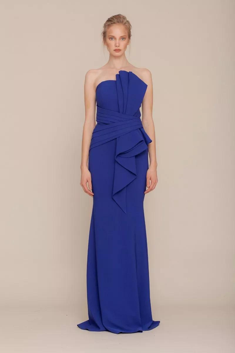 Blue crepe strapless maxi dress