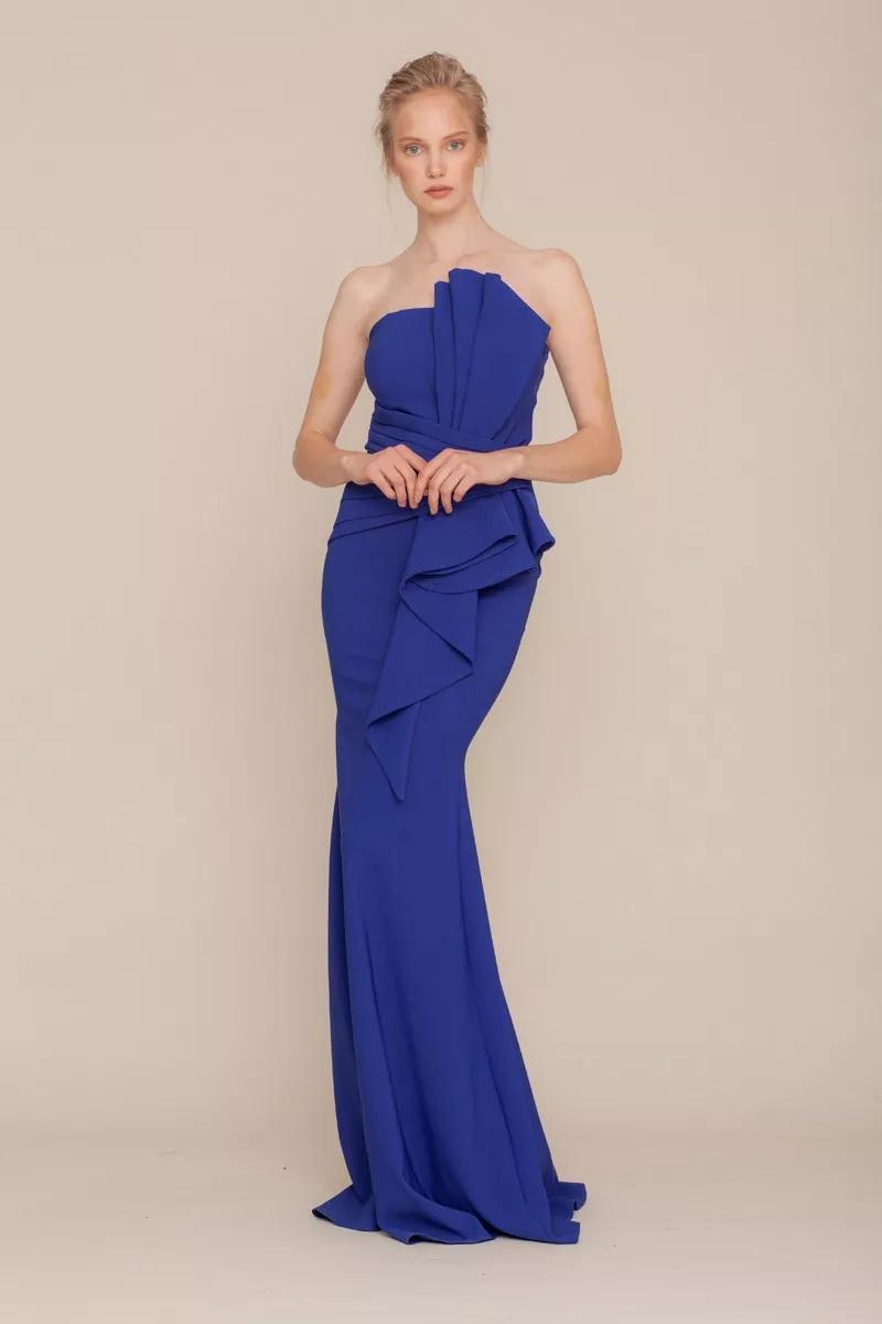 Blue crepe strapless maxi dress