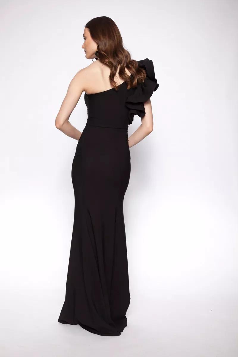 Black crepe one arm maxi dress