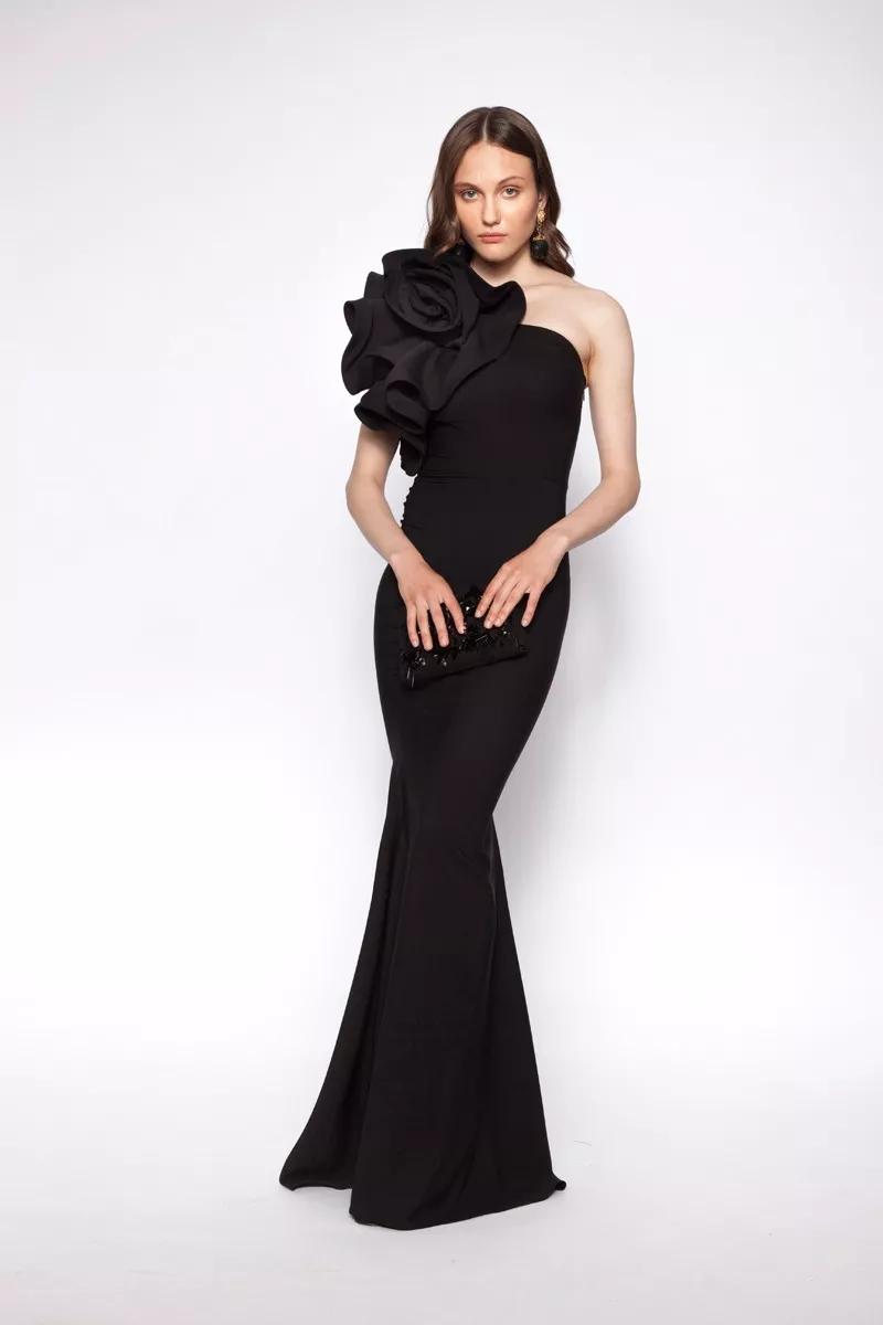 Black crepe one arm maxi dress