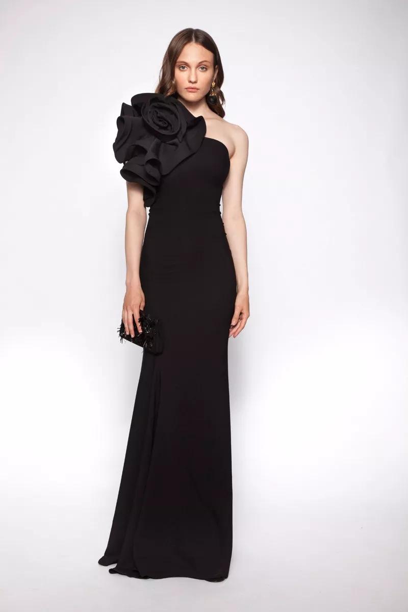 Black crepe one arm maxi dress