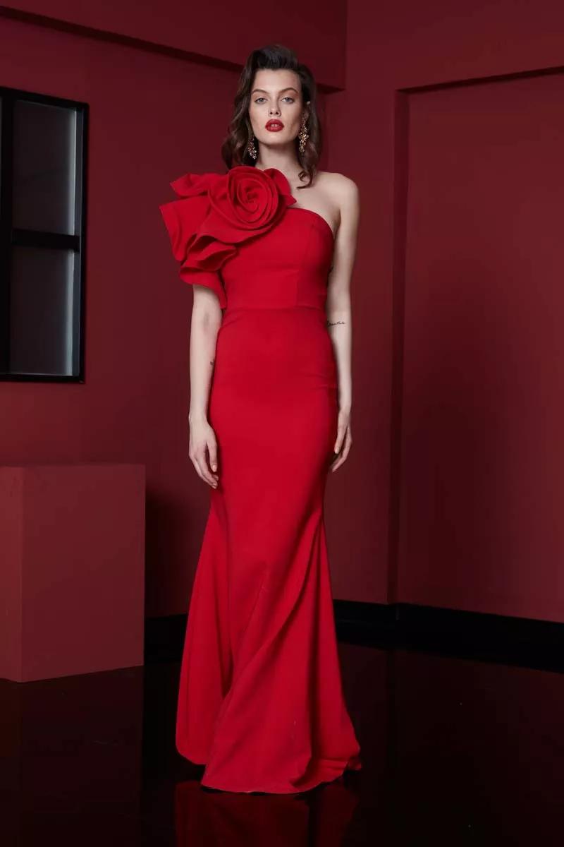 Red crepe one arm maxi dress