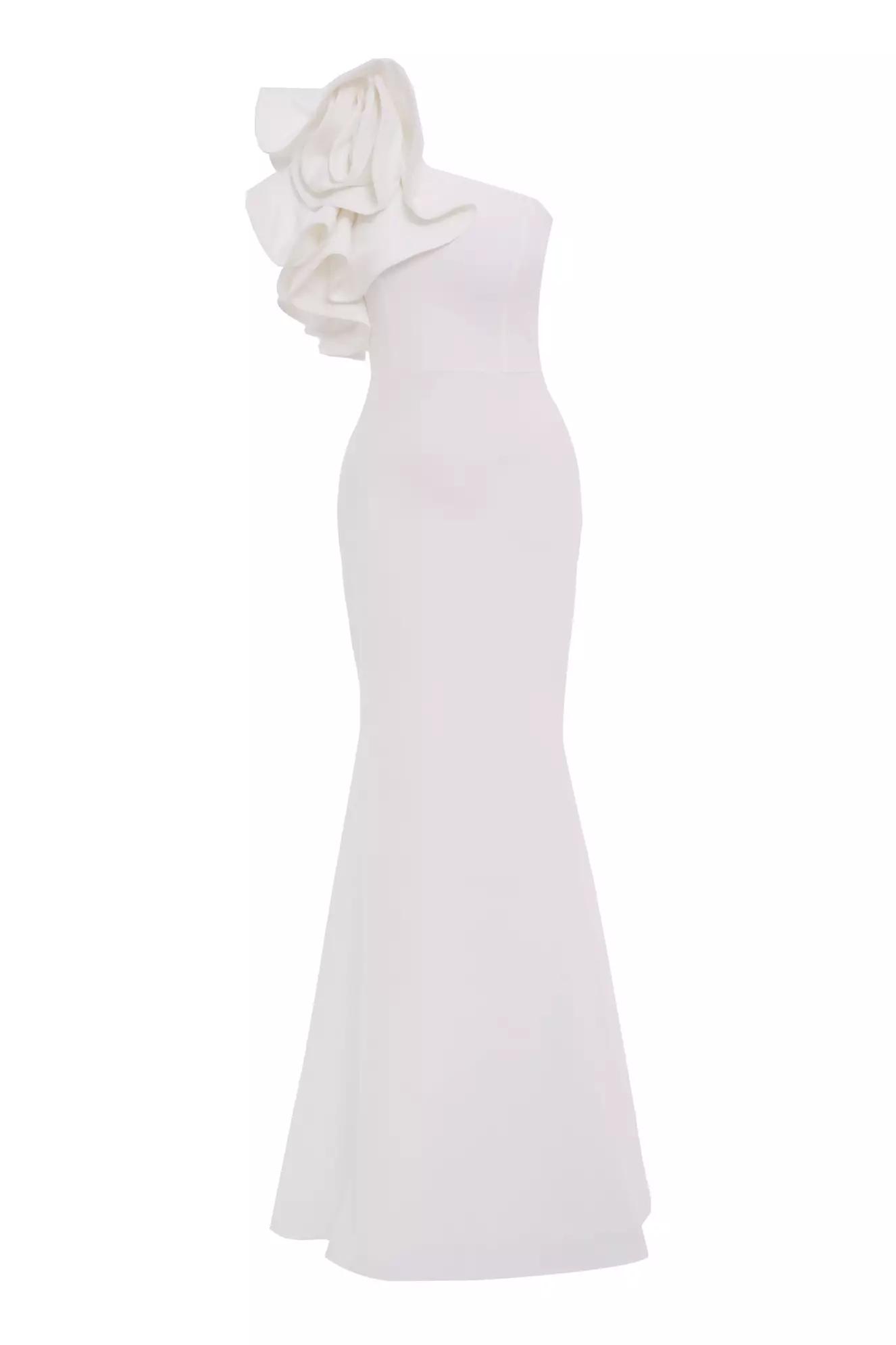 White crepe one arm maxi dress