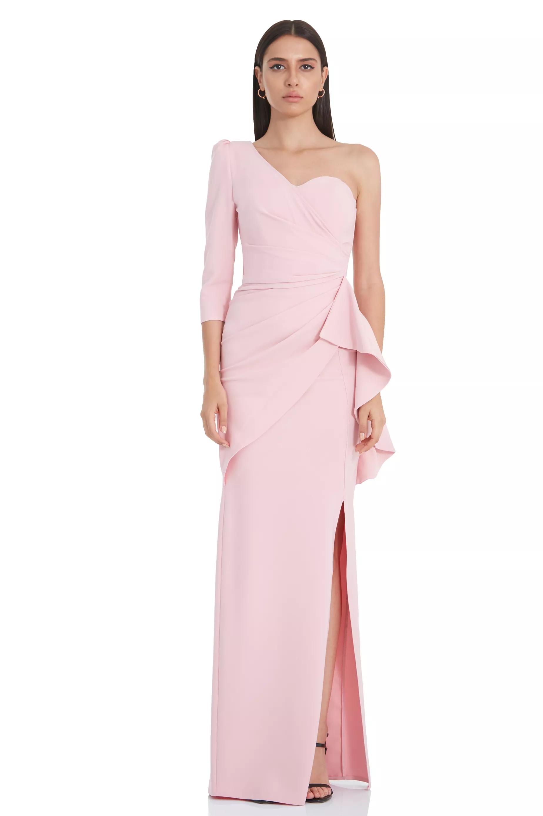 Blush crepe one arm maxi dress