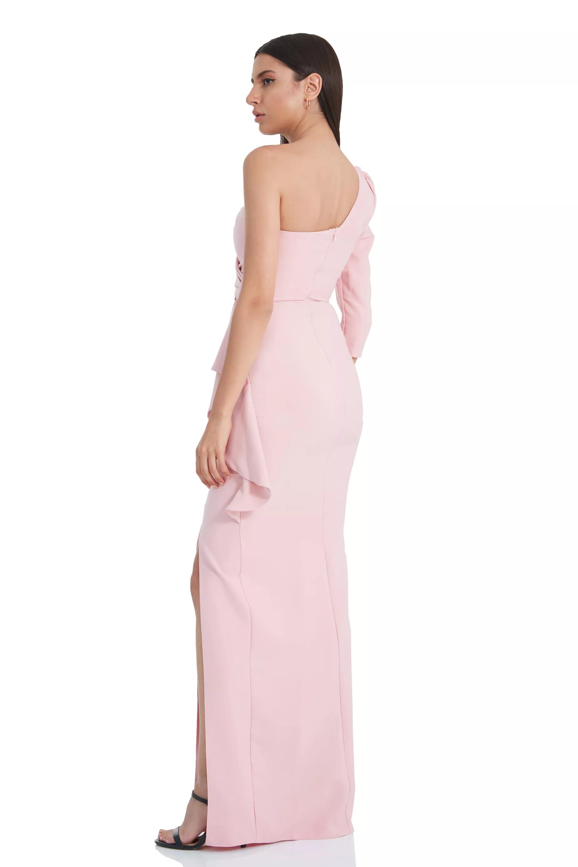 Blush crepe one arm maxi dress