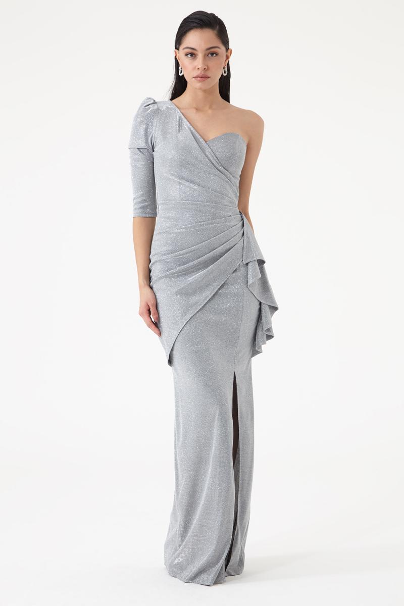 Silver glare one arm maxi dress