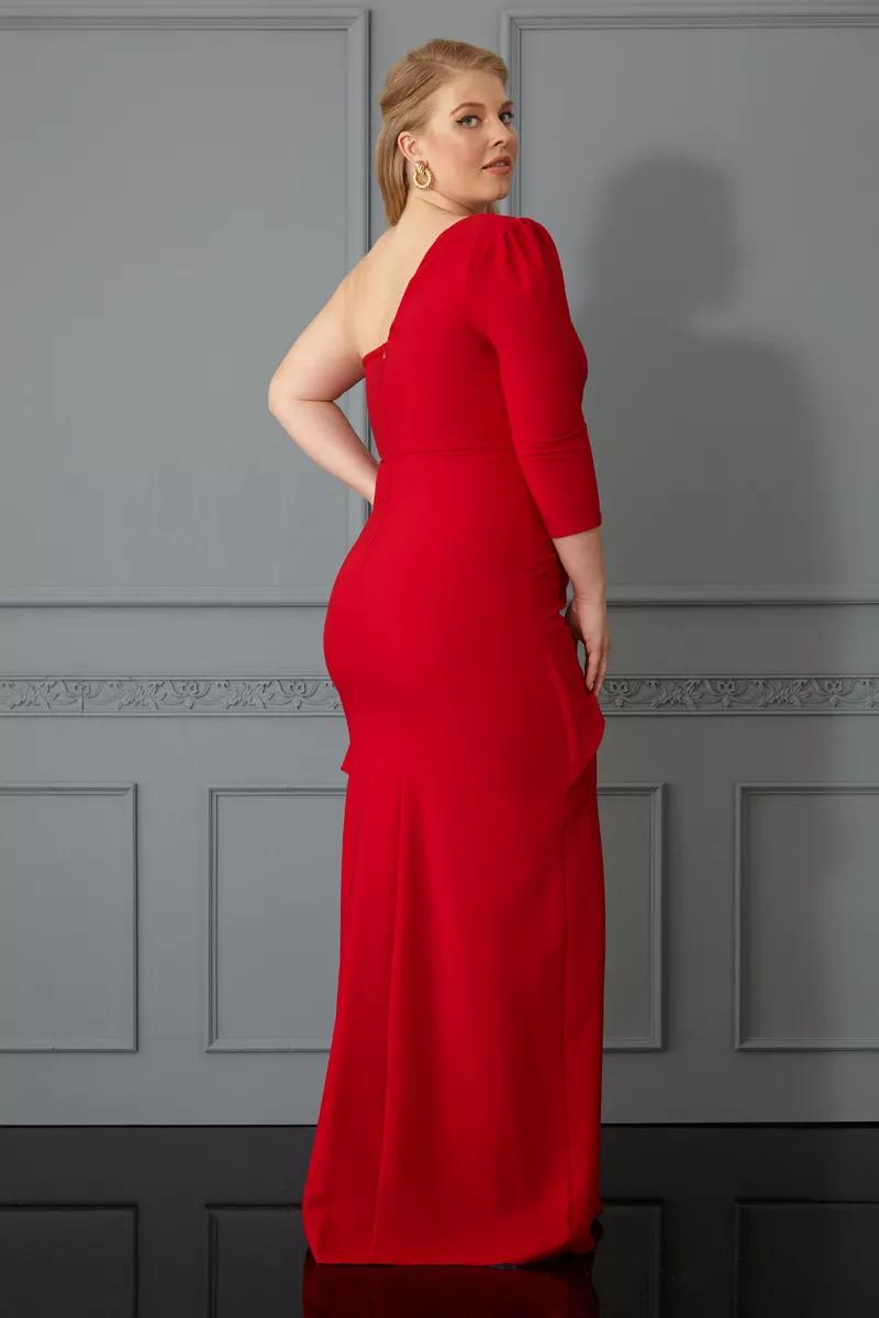 Red plus size crepe one arm maxi dress