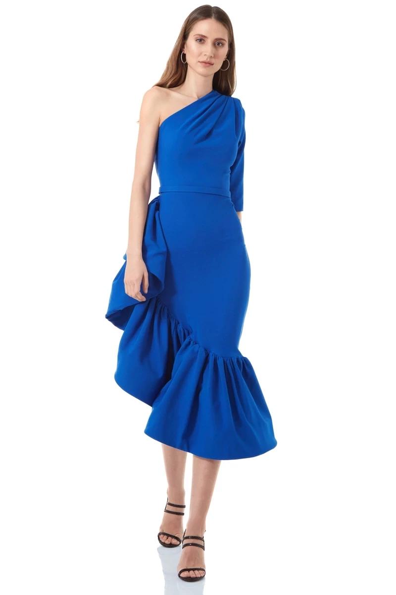 Blue crepe one arm maxi dress