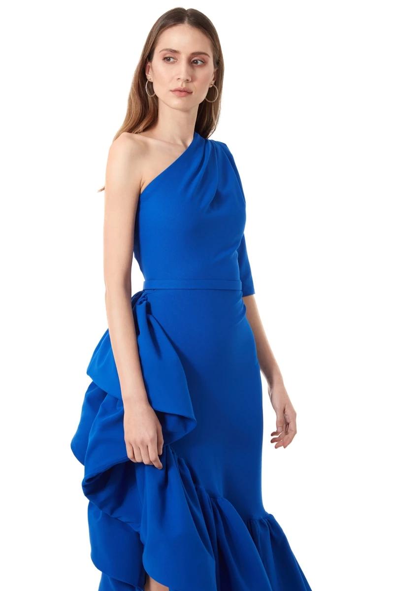 Blue crepe one arm maxi dress