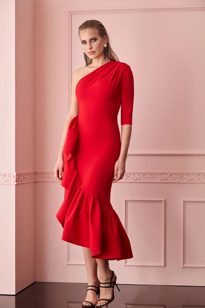 Red crepe one arm maxi dress