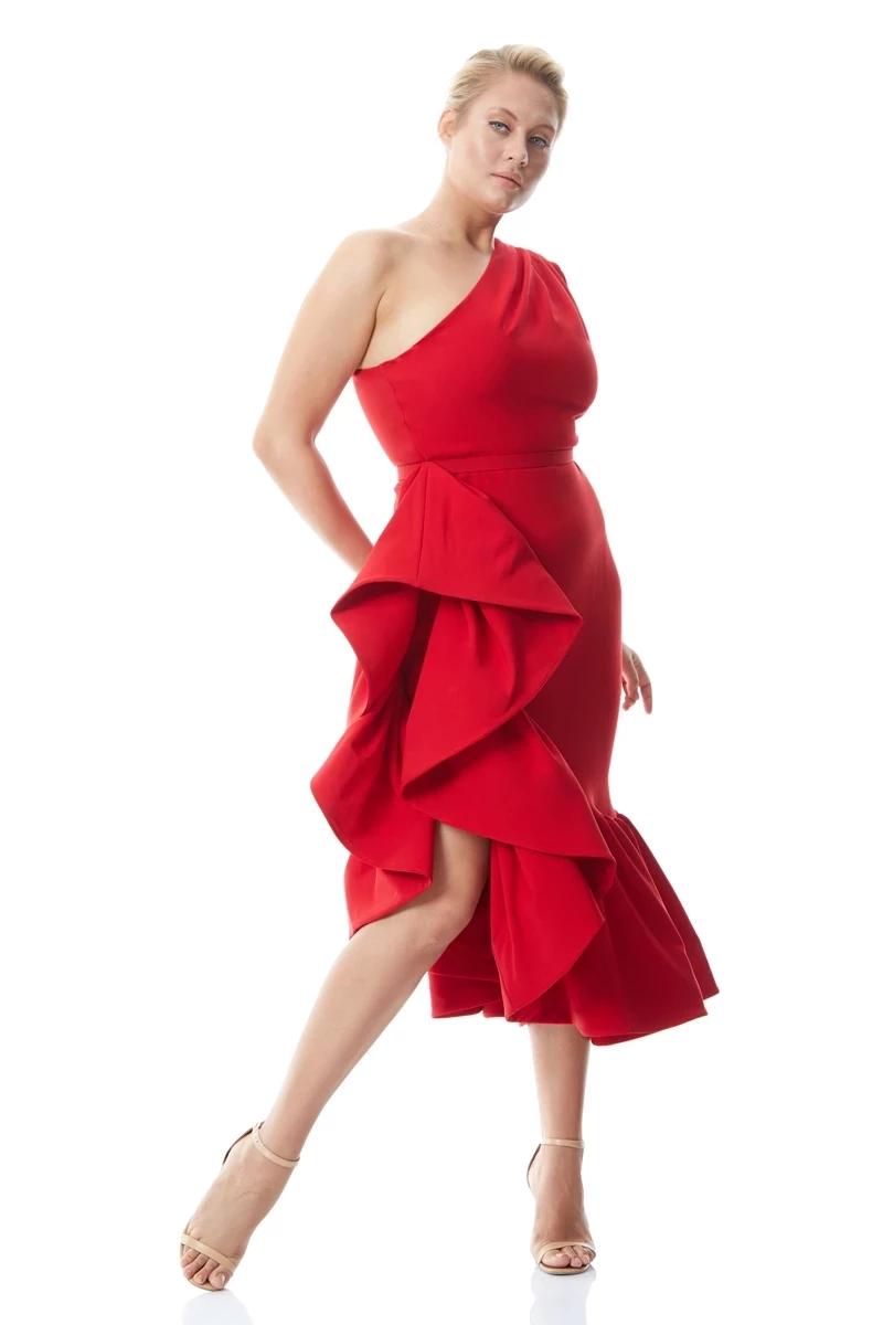 Red plus size crepe one arm maxi dress