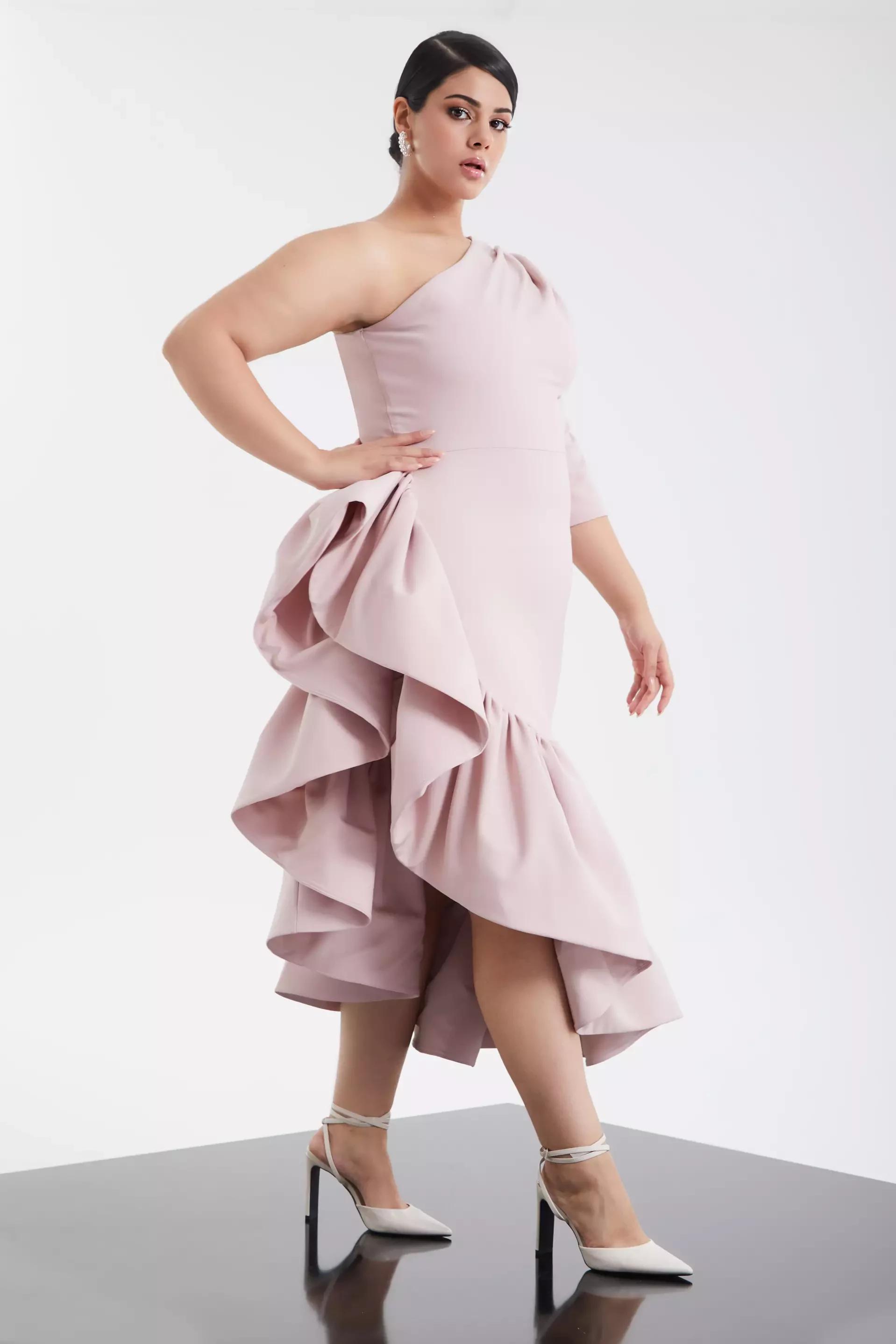 Blush plus size crepe one arm maxi dress