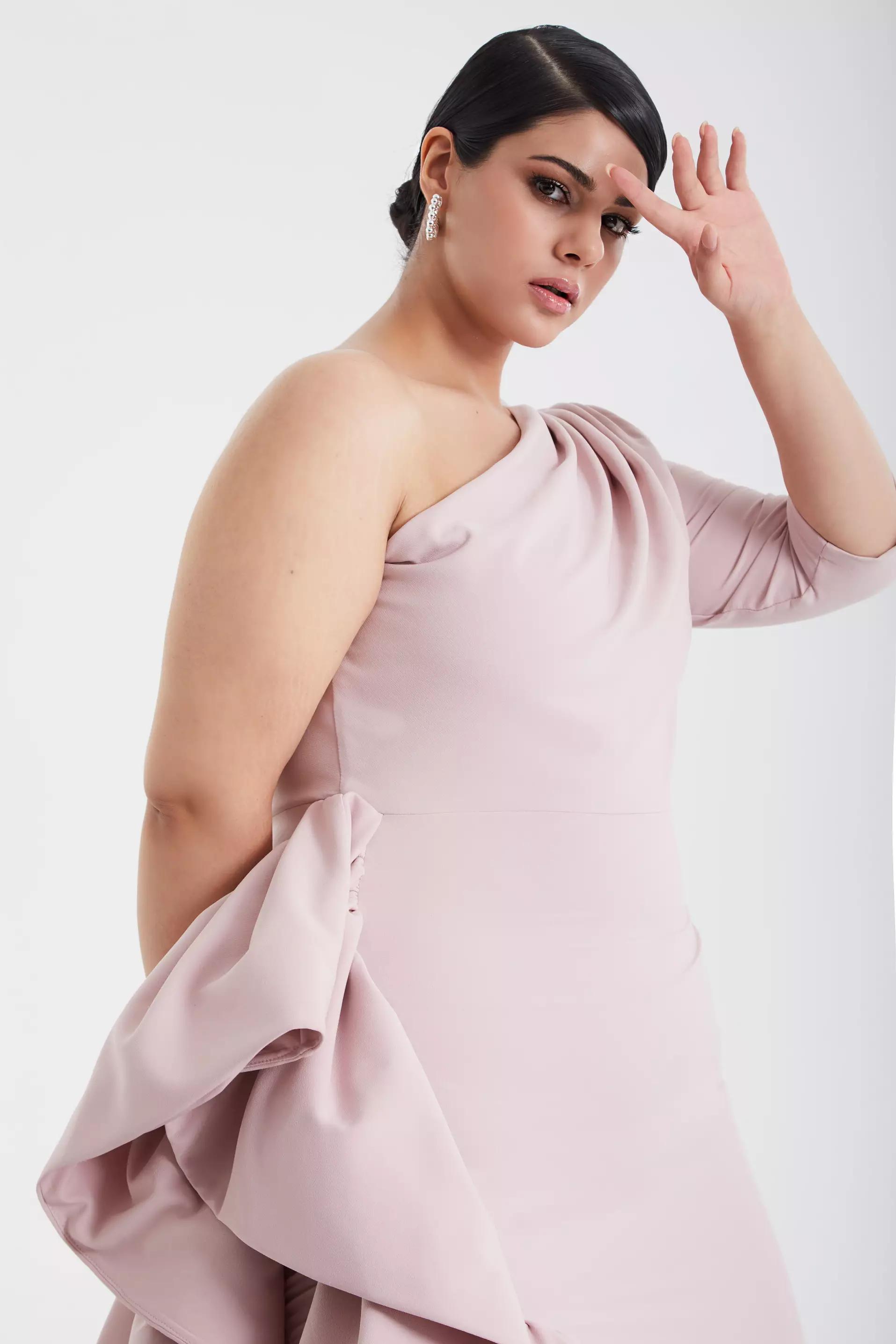 Blush plus size crepe one arm maxi dress