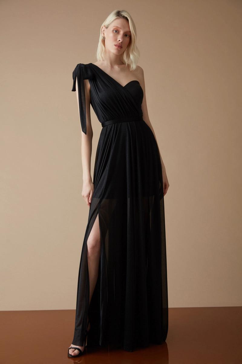 Black tulle one arm maxi dress