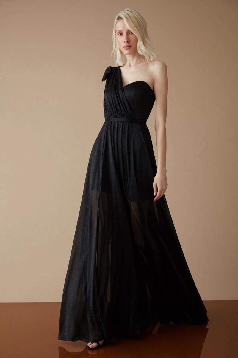 Black tulle one arm maxi dress