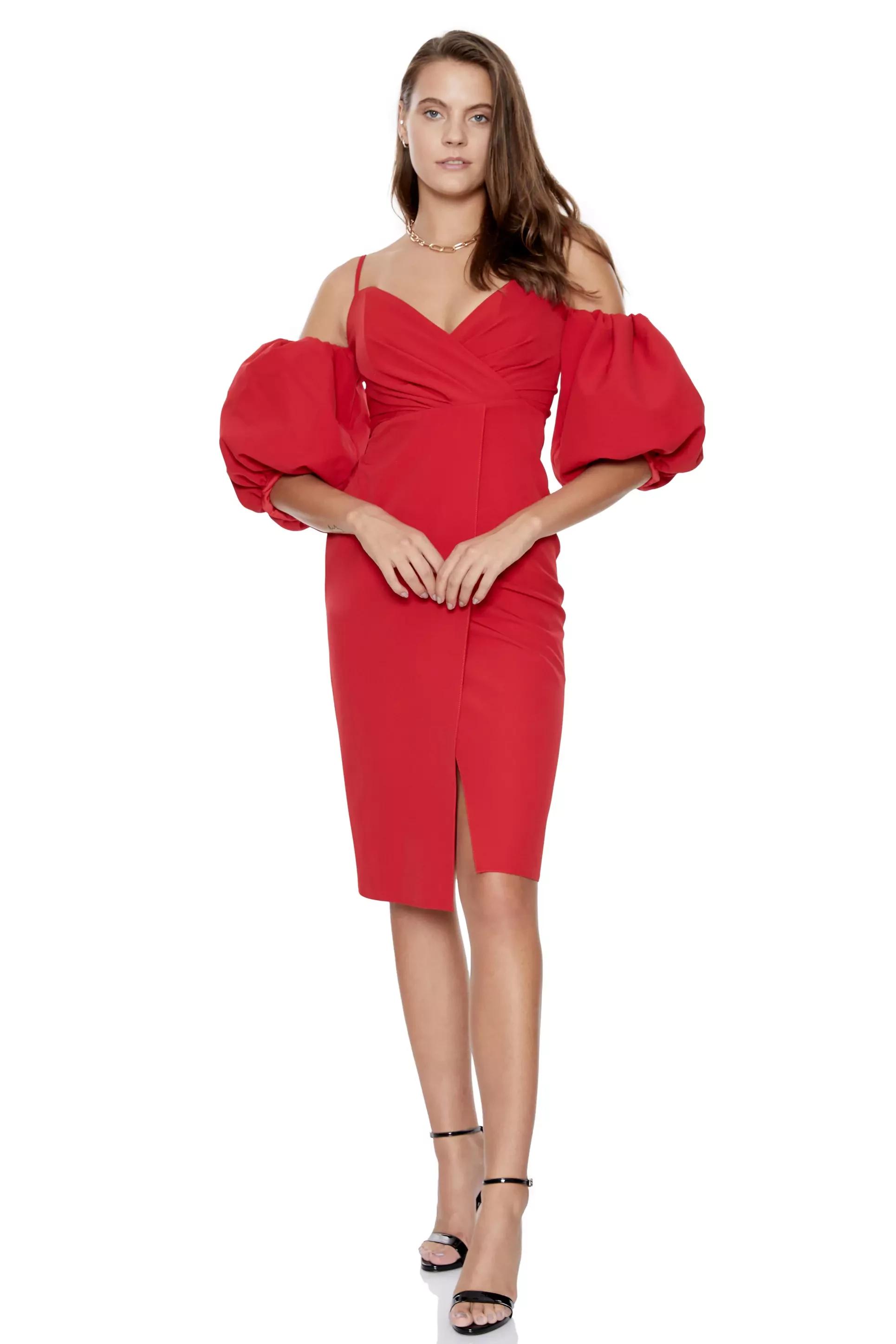 Red crepe short sleeve midi dress