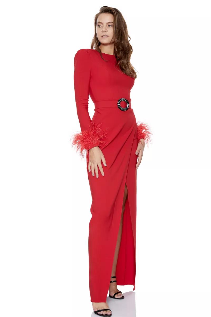 Red crepe long sleeve maxi dress