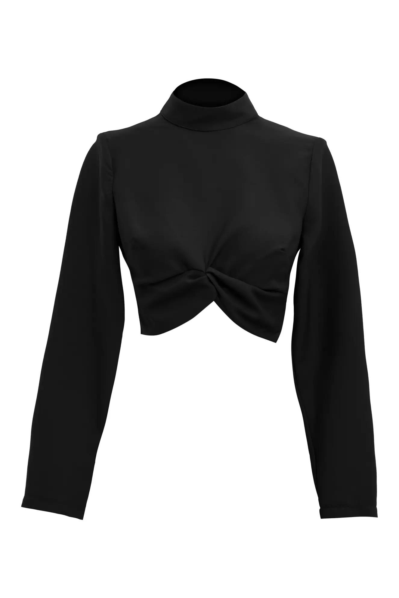 Black crepe long sleeve crop top