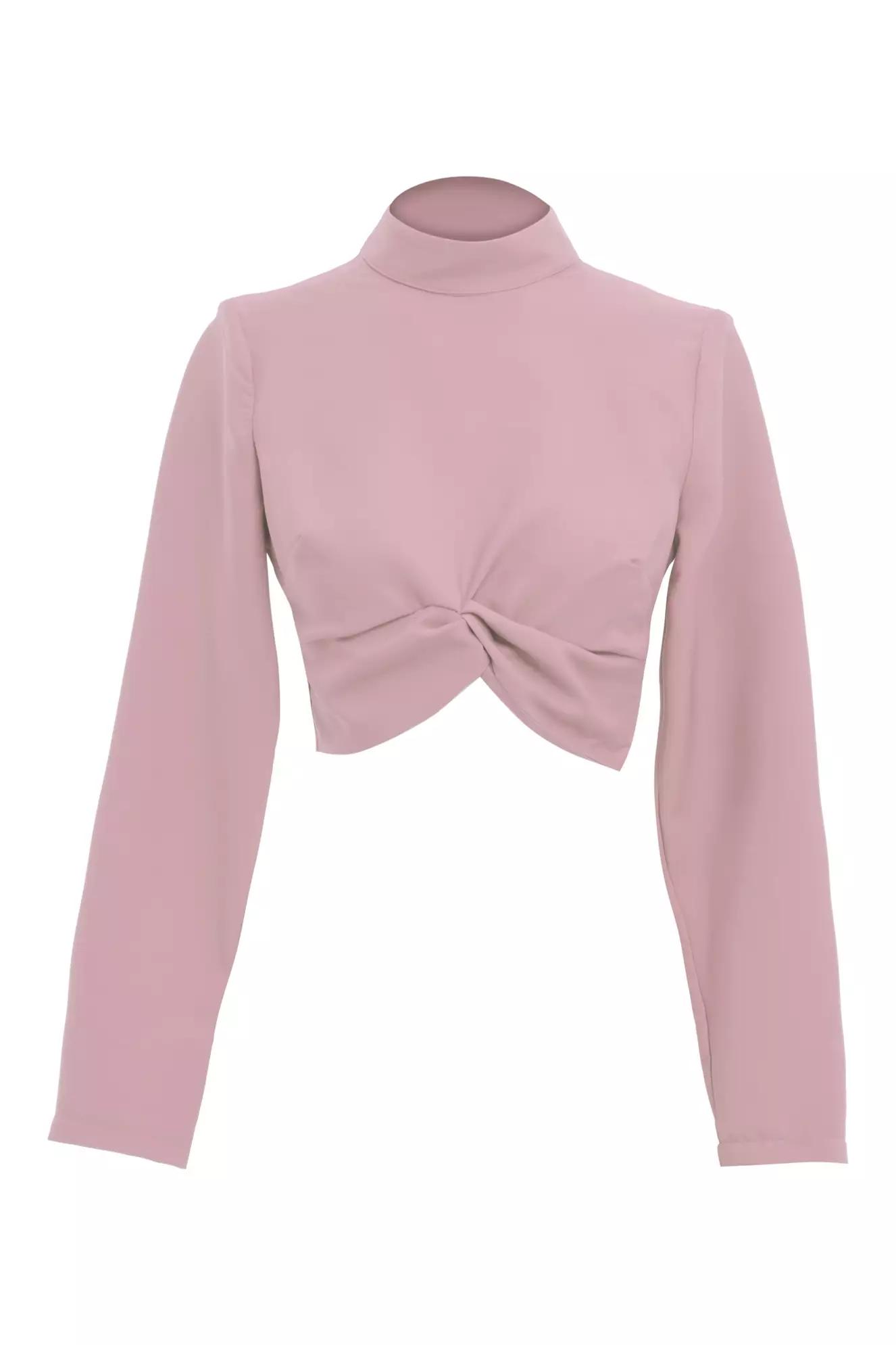 Blush crepe long sleeve crop top