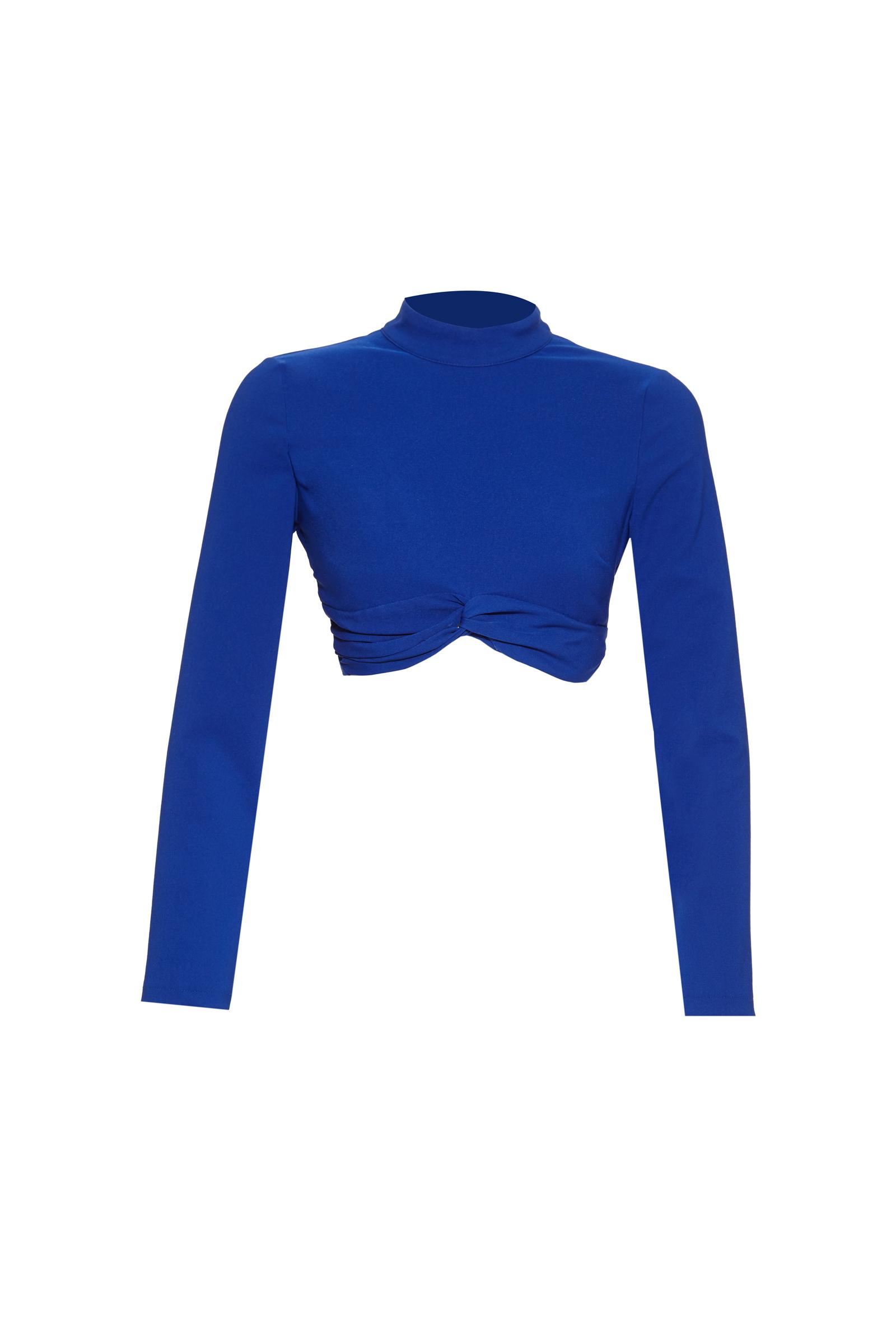 Saxon Blue Crepe Long Sleeve Crop Top