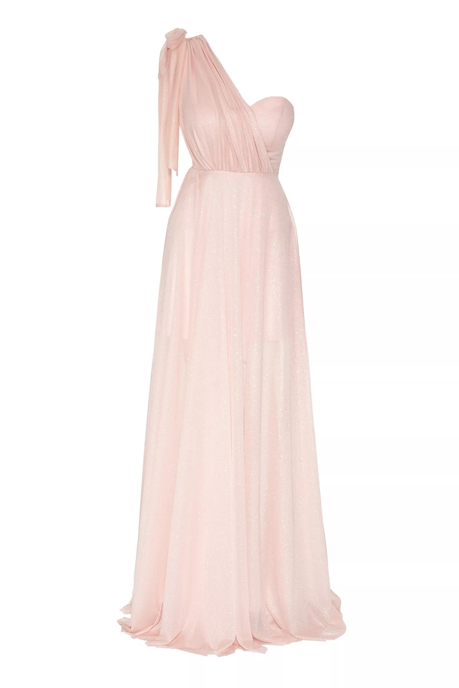 Blush tulle one arm maxi dress