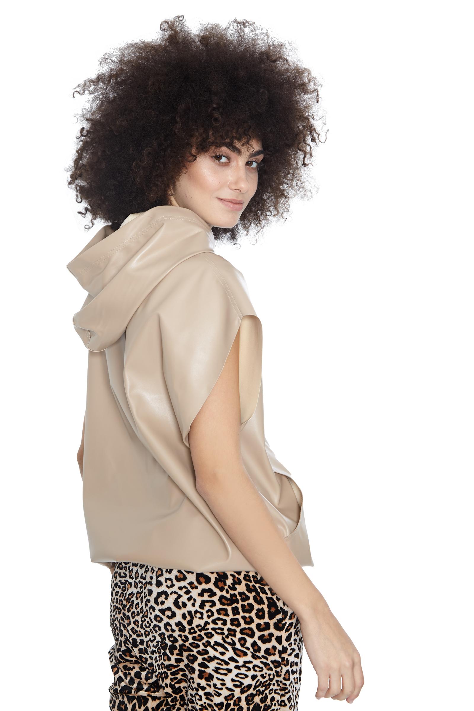 Beige Leather Sleeveless Sweatshirt